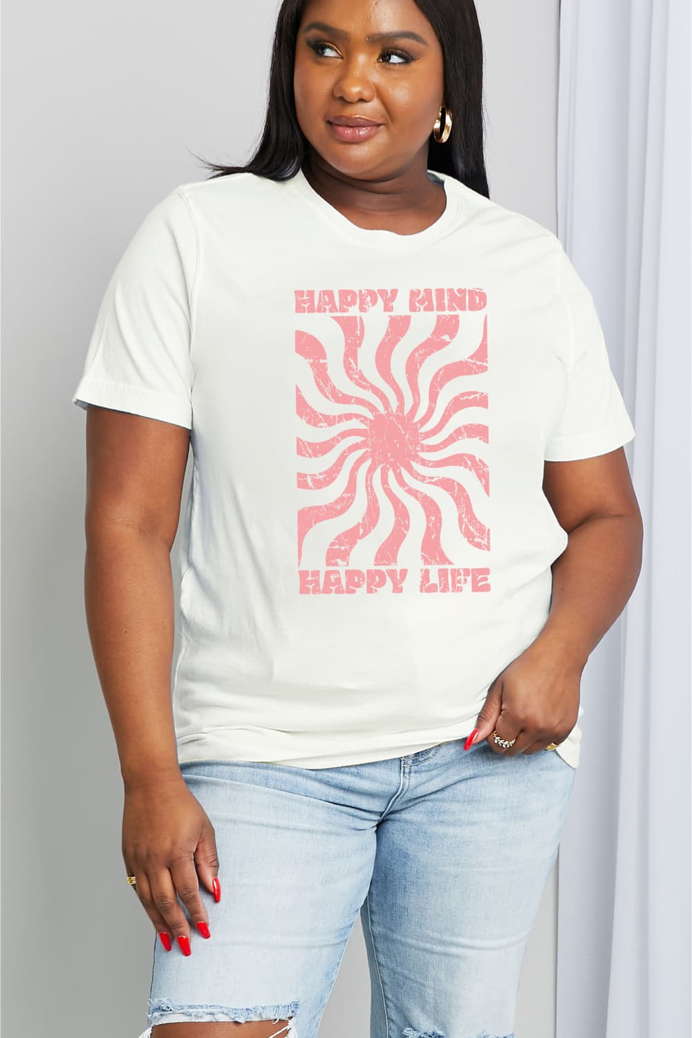 Simply Love Full Size HAPPY MIND HAPPY LIFE Graphic Cotton Tee BLUE ZONE PLANET