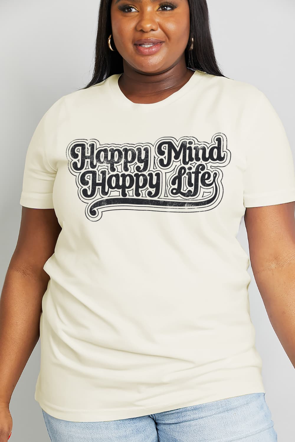 Simply Love Full Size HAPPY MIND HAPPY LIFE Graphic Cotton Tee BLUE ZONE PLANET