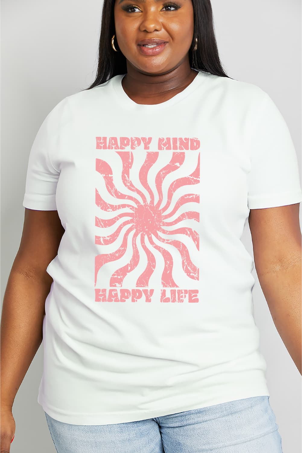 Simply Love Full Size HAPPY MIND HAPPY LIFE Graphic Cotton Tee BLUE ZONE PLANET