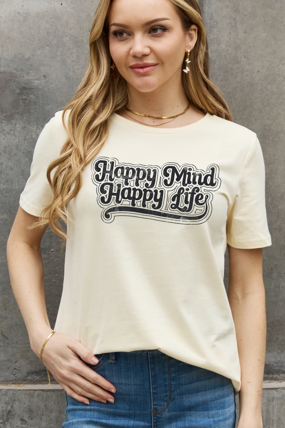 Simply Love Full Size HAPPY MIND HAPPY LIFE Graphic Cotton Tee BLUE ZONE PLANET