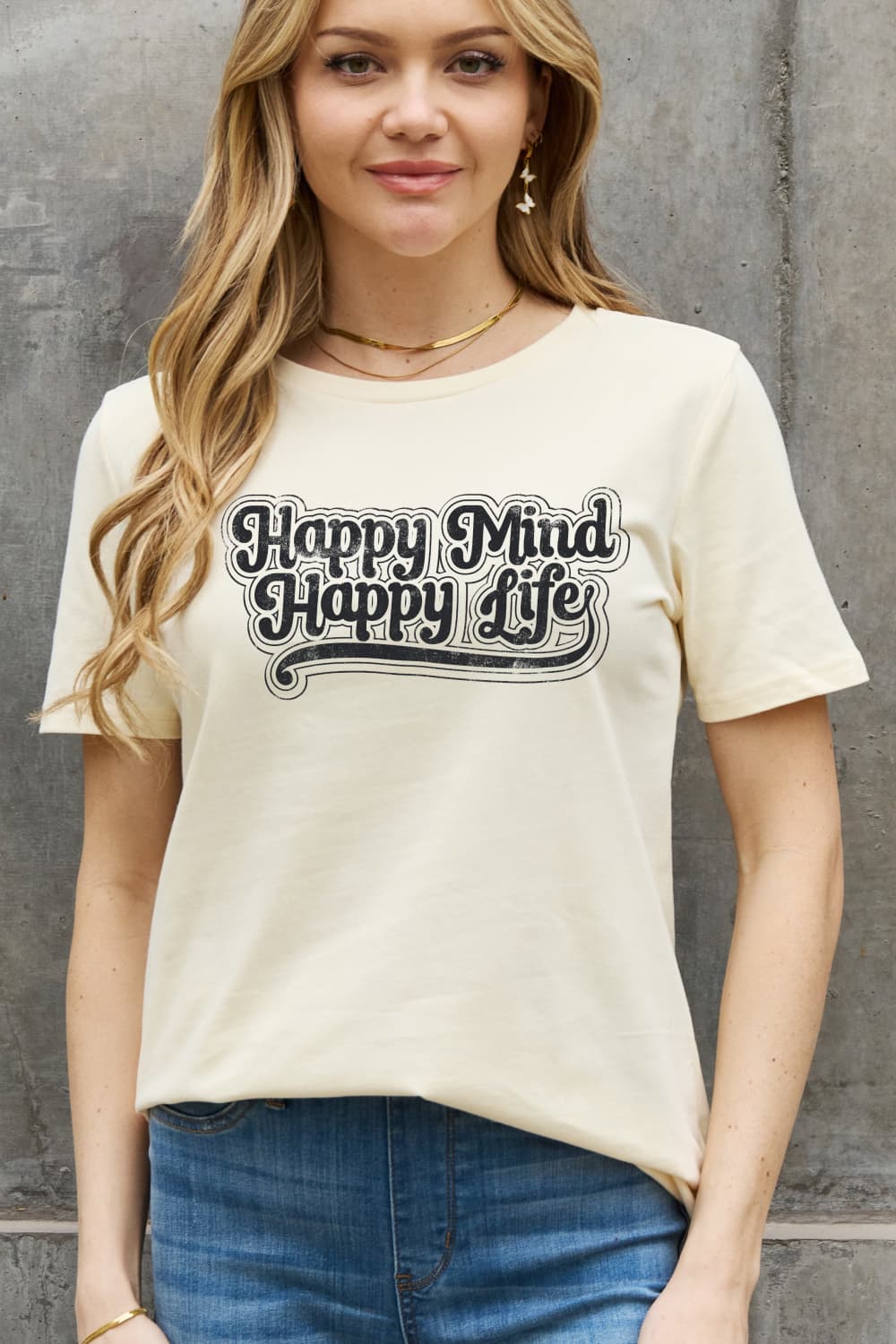 Simply Love Full Size HAPPY MIND HAPPY LIFE Graphic Cotton Tee BLUE ZONE PLANET