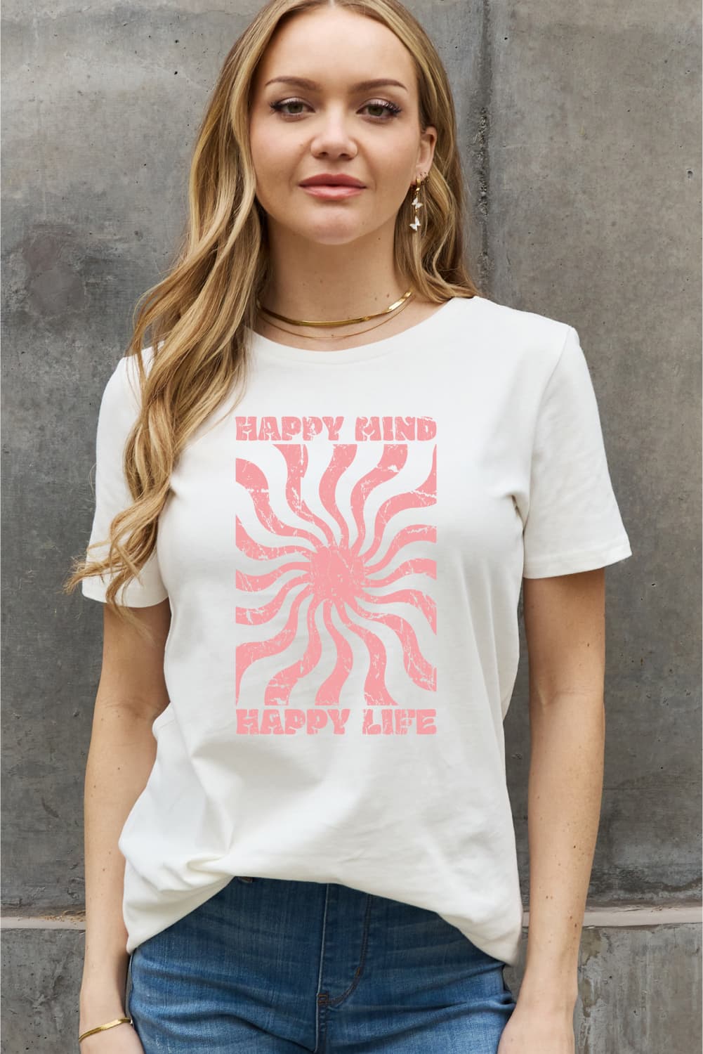 Simply Love Full Size HAPPY MIND HAPPY LIFE Graphic Cotton Tee BLUE ZONE PLANET