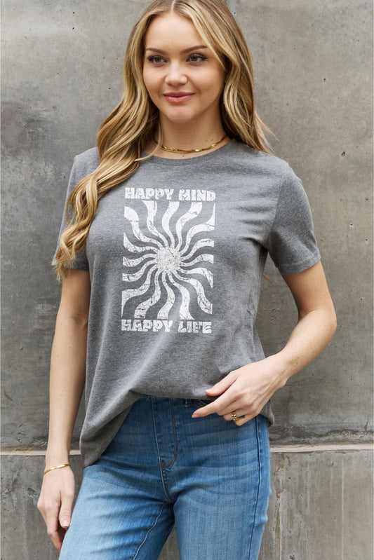 Simply Love Full Size HAPPY MIND HAPPY LIFE Graphic Cotton Tee BLUE ZONE PLANET