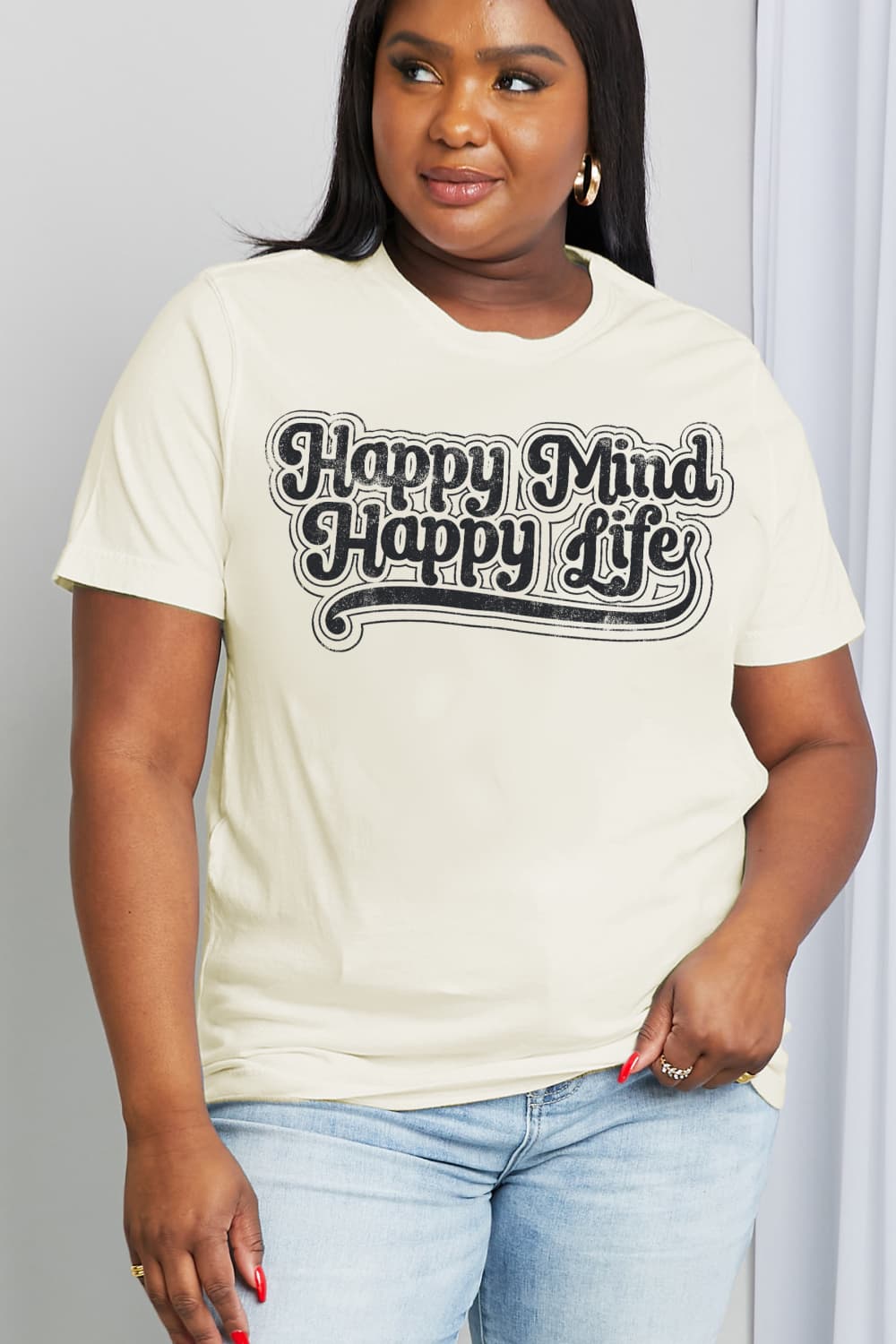 Simply Love Full Size HAPPY MIND HAPPY LIFE Graphic Cotton Tee BLUE ZONE PLANET