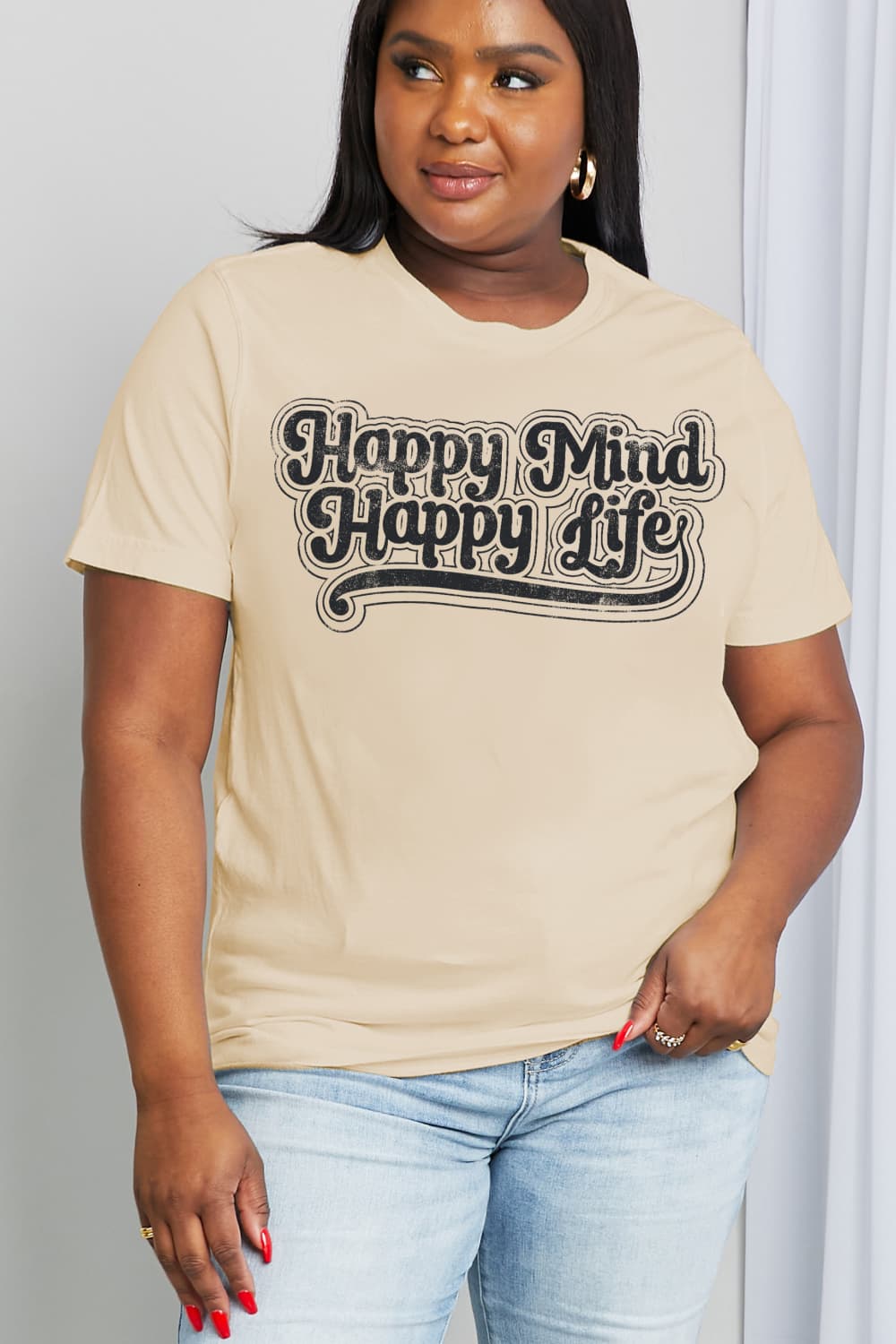 Simply Love Full Size HAPPY MIND HAPPY LIFE Graphic Cotton Tee BLUE ZONE PLANET