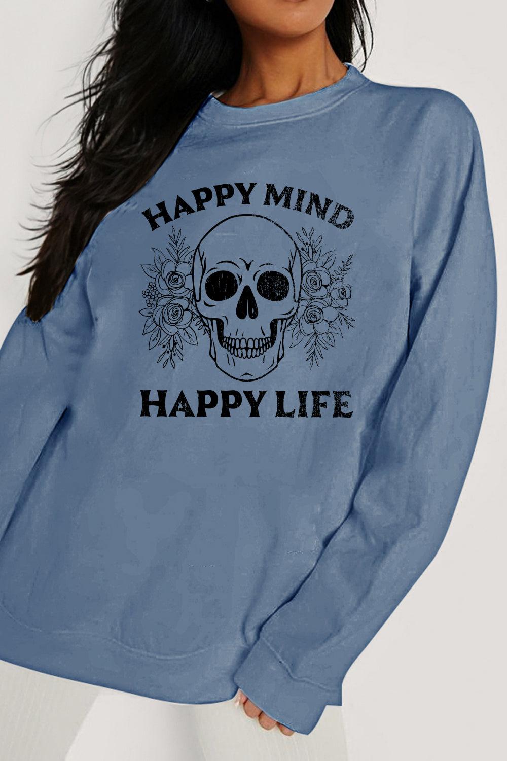 Simply Love Full Size HAPPY MIND HAPPY LIFE SKULL Graphic Sweatshirt BLUE ZONE PLANET