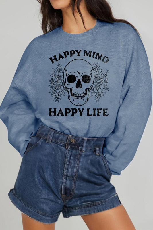 Simply Love Full Size HAPPY MIND HAPPY LIFE SKULL Graphic Sweatshirt BLUE ZONE PLANET