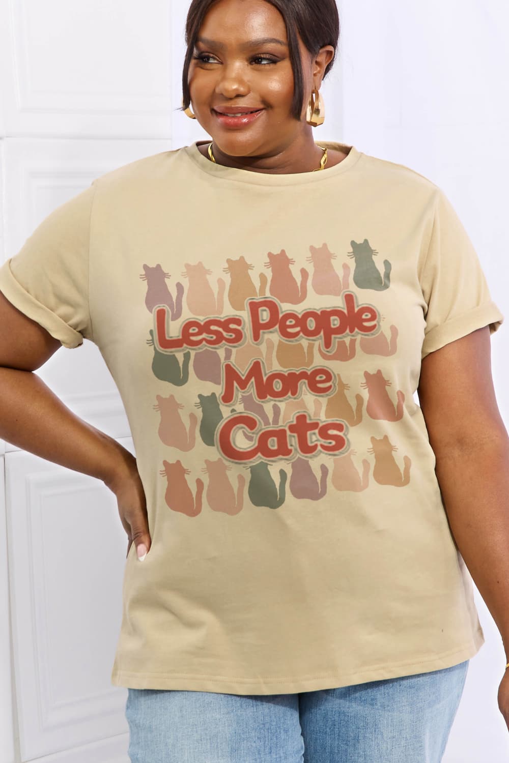 Simply Love Full Size LESS PEOPLE MORE CATS Graphic Cotton Tee BLUE ZONE PLANET