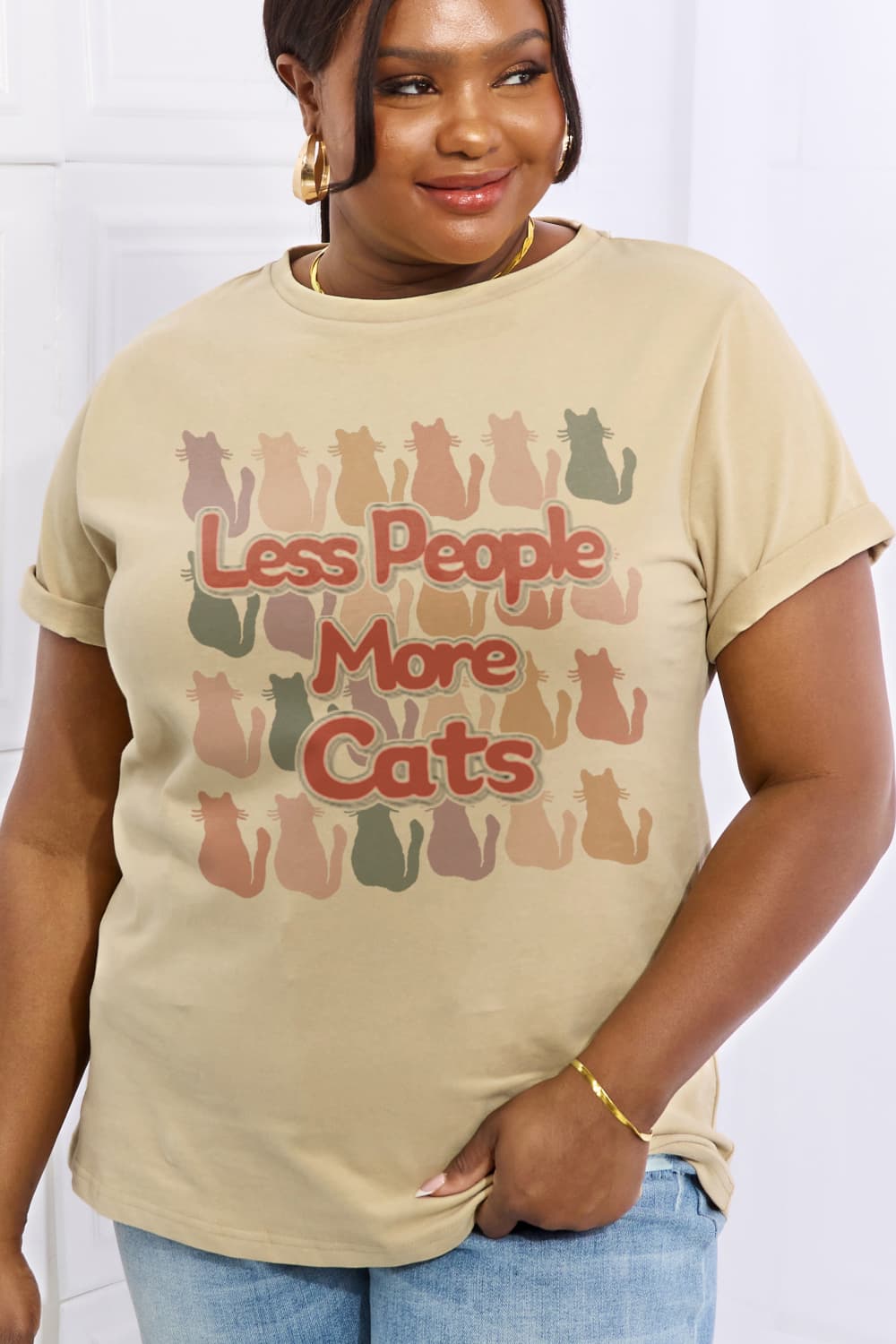 Simply Love Full Size LESS PEOPLE MORE CATS Graphic Cotton Tee BLUE ZONE PLANET