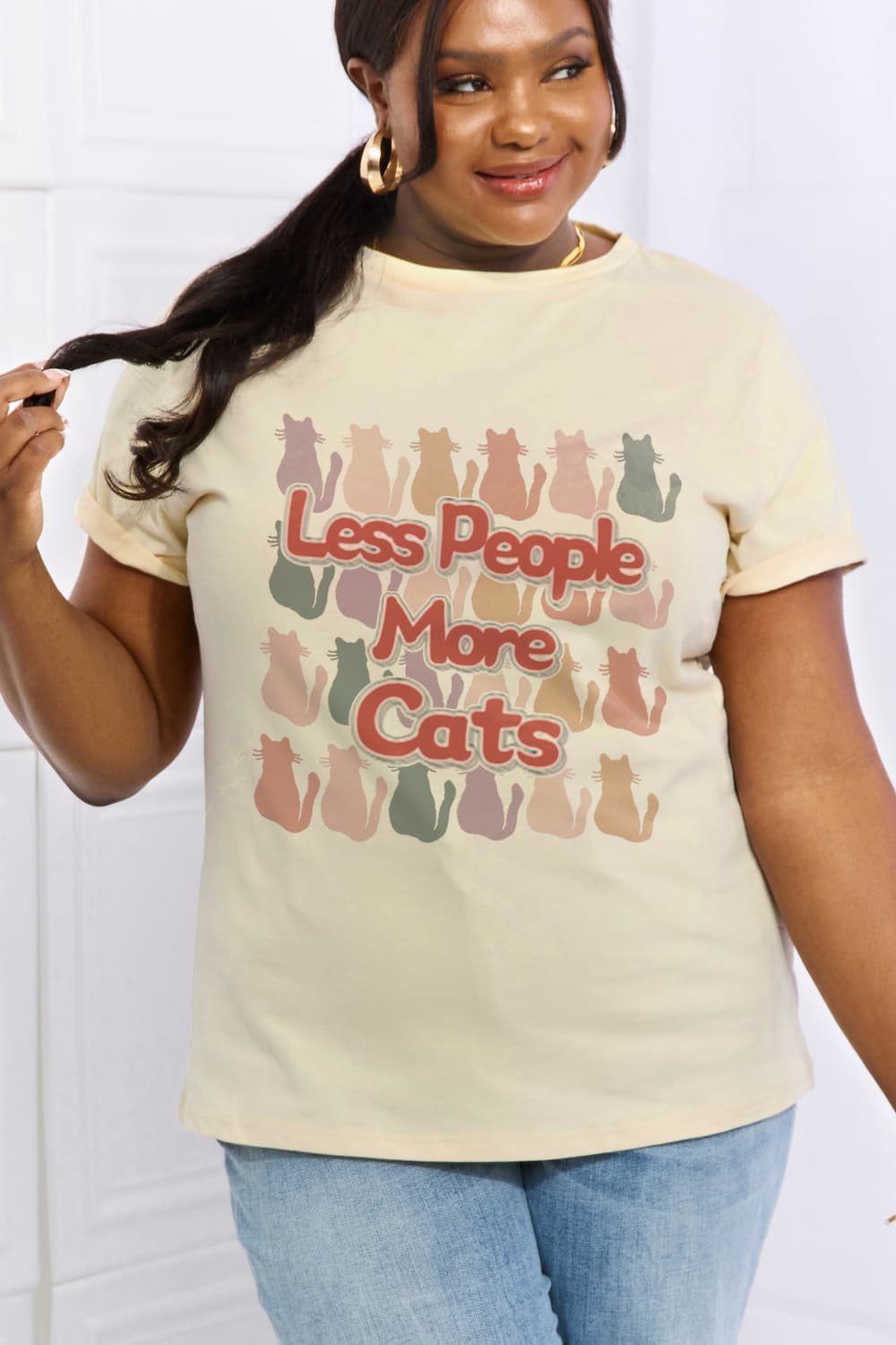 Simply Love Full Size LESS PEOPLE MORE CATS Graphic Cotton Tee BLUE ZONE PLANET