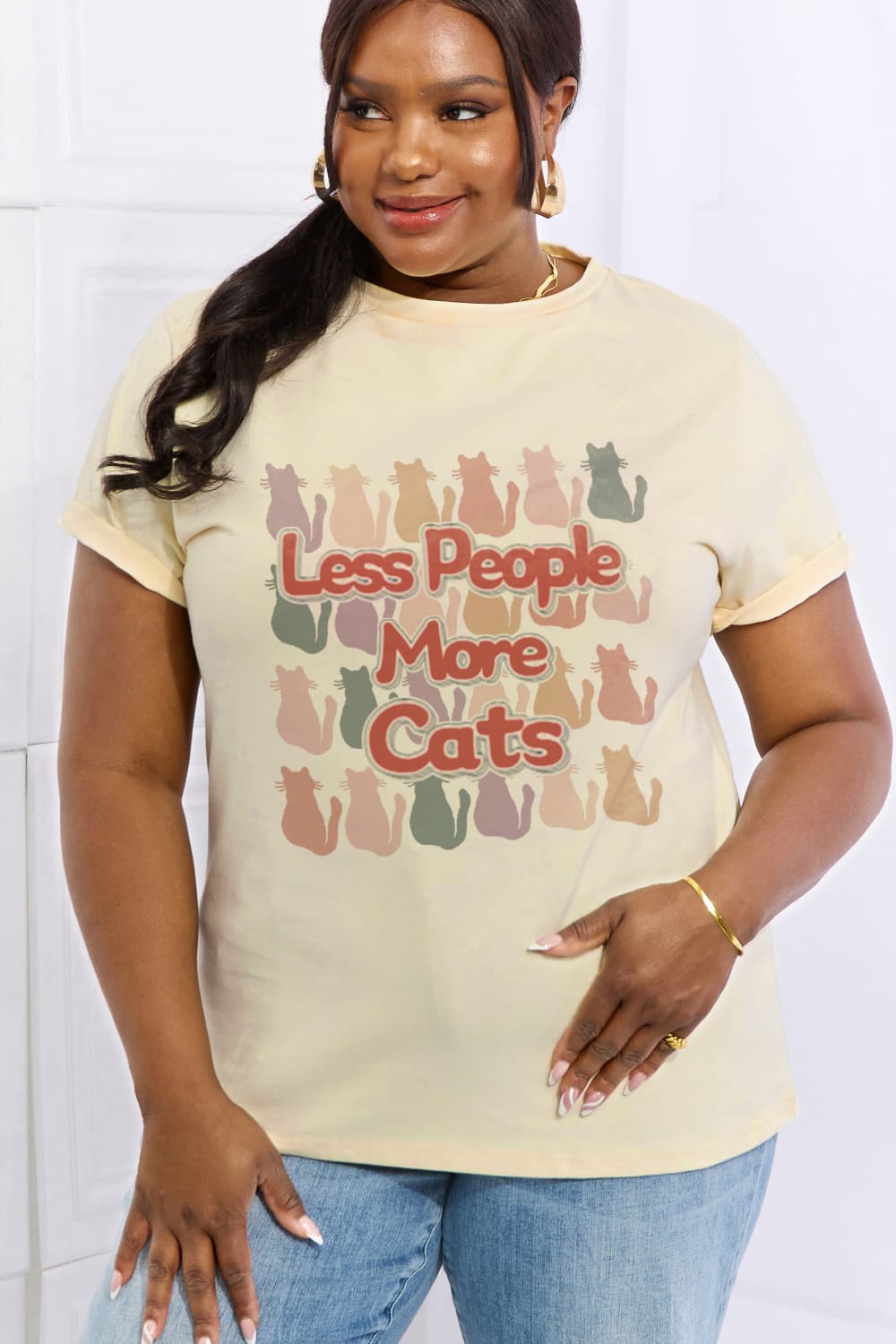 Simply Love Full Size LESS PEOPLE MORE CATS Graphic Cotton Tee BLUE ZONE PLANET