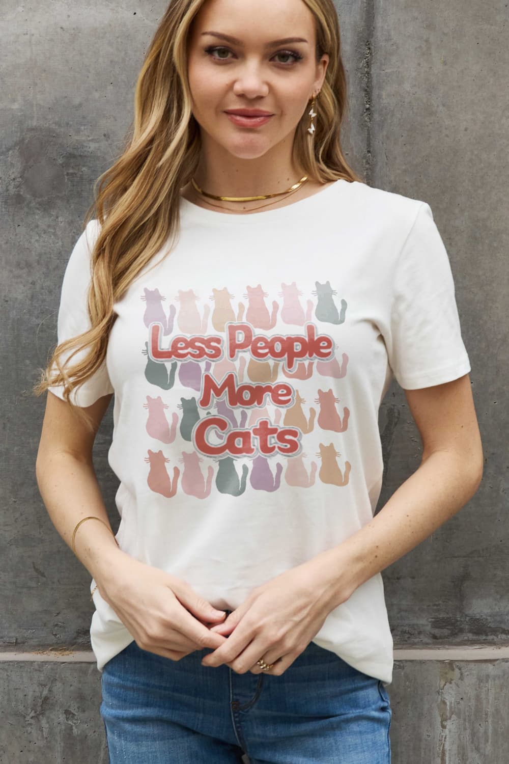 Simply Love Full Size LESS PEOPLE MORE CATS Graphic Cotton Tee BLUE ZONE PLANET