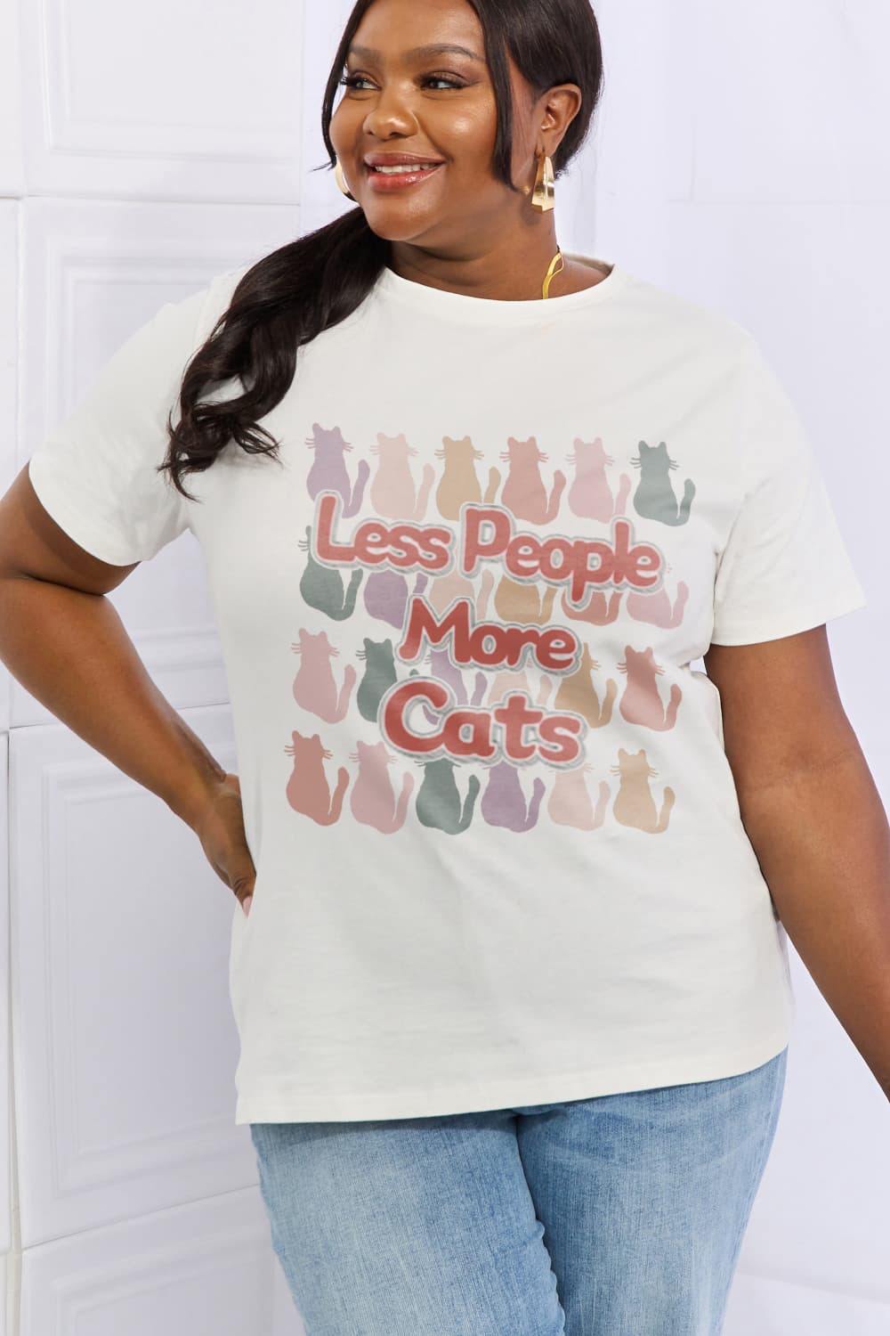 Simply Love Full Size LESS PEOPLE MORE CATS Graphic Cotton Tee BLUE ZONE PLANET