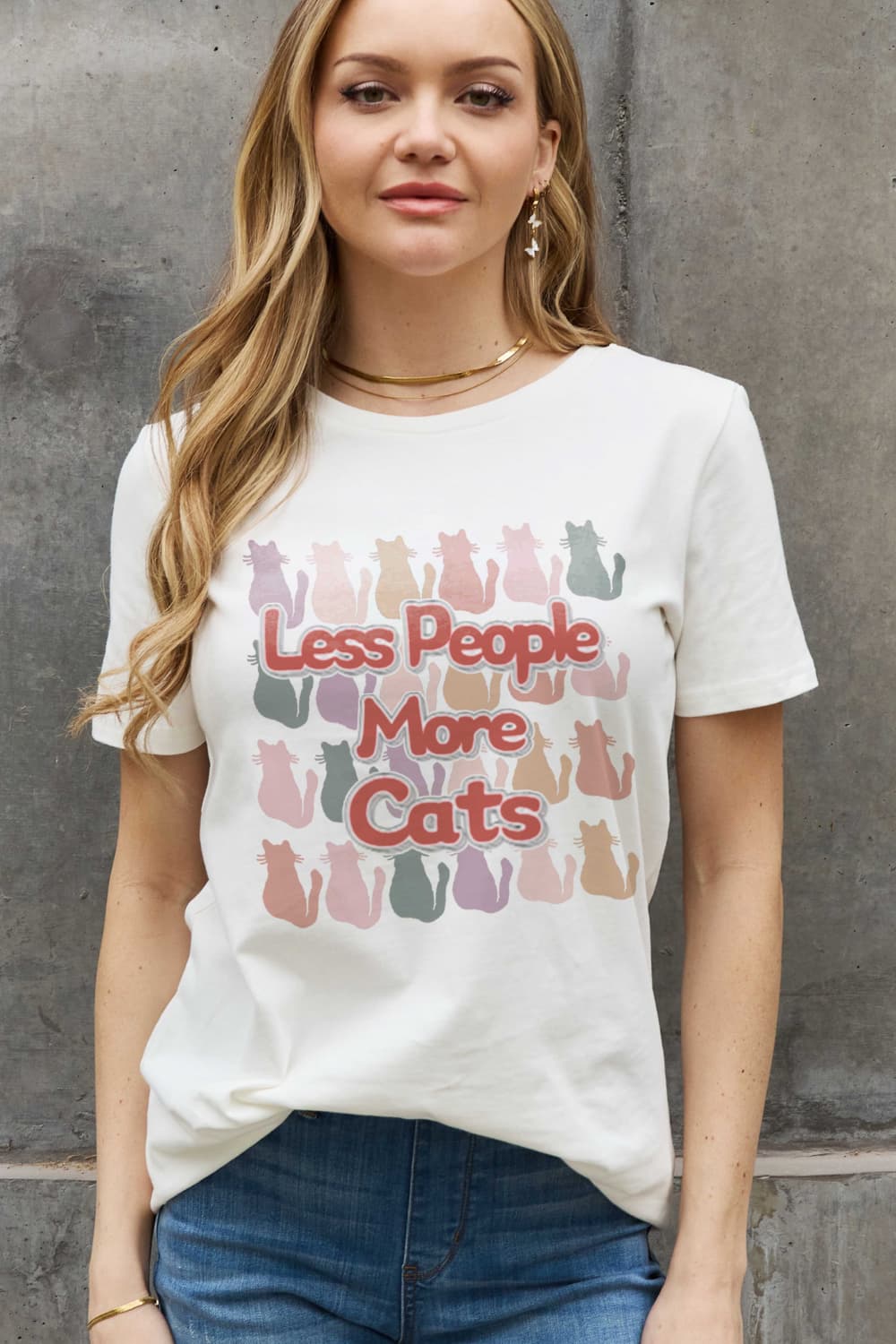 Simply Love Full Size LESS PEOPLE MORE CATS Graphic Cotton Tee BLUE ZONE PLANET