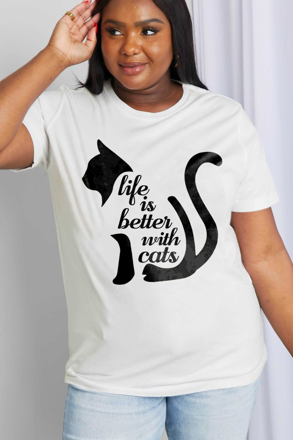 Simply Love Full Size LIFE IS BETTER WITH CATS Graphic Cotton Tee BLUE ZONE PLANET