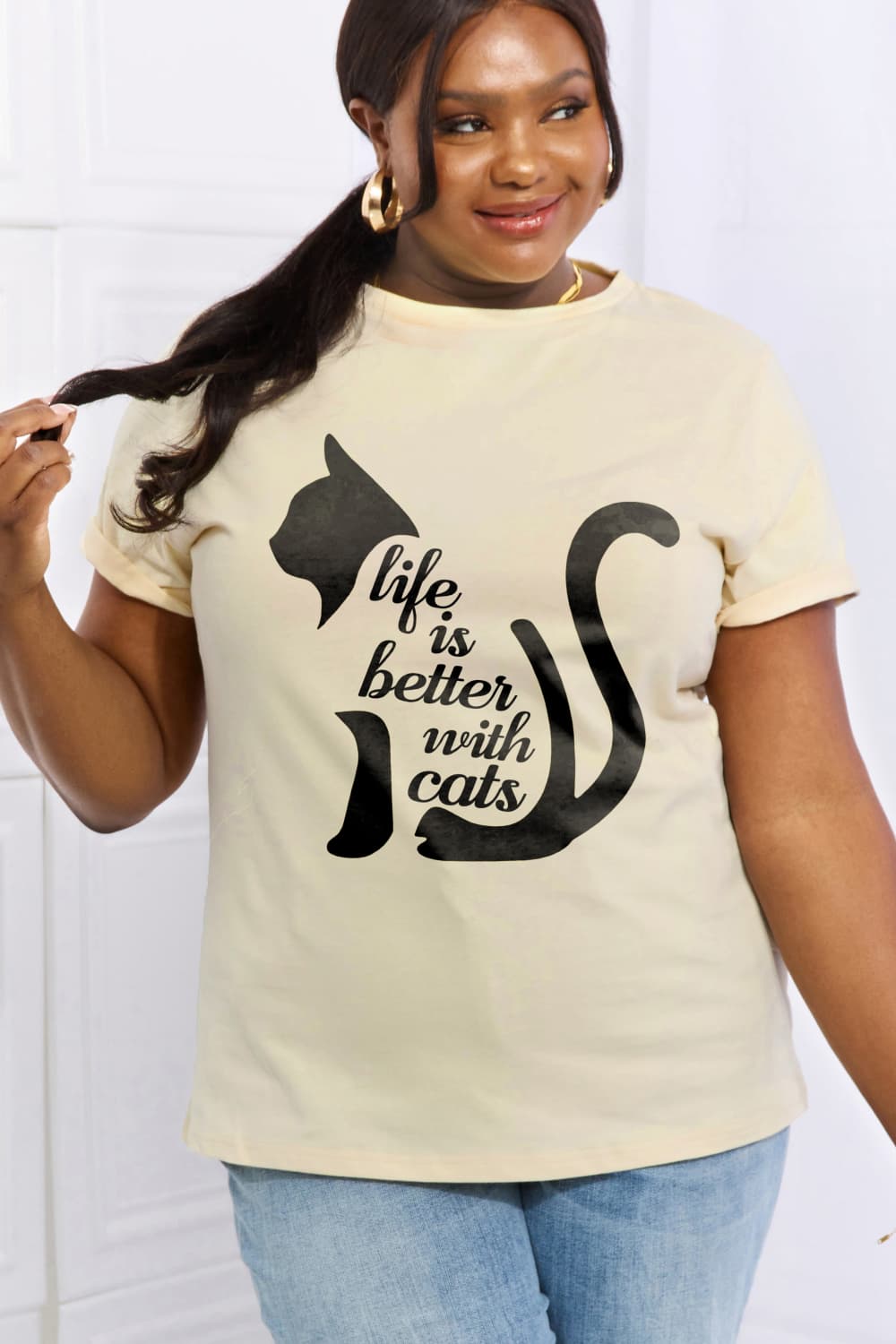 Simply Love Full Size LIFE IS BETTER WITH CATS Graphic Cotton Tee BLUE ZONE PLANET