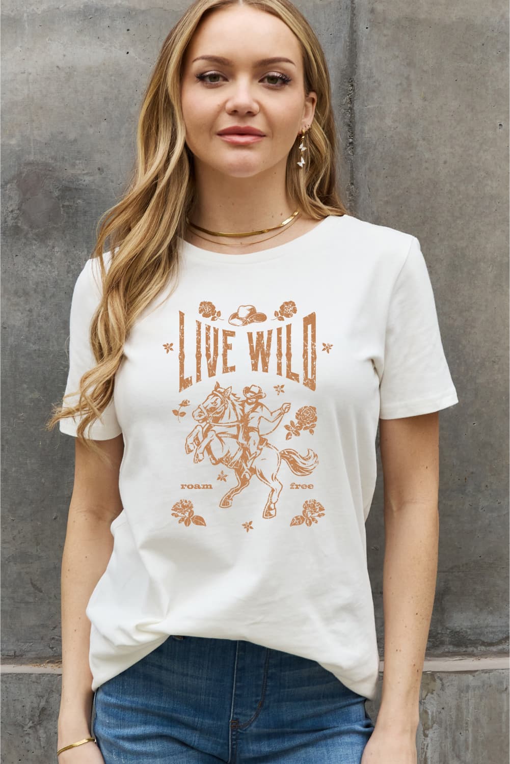 Simply Love Full Size LIVE WILD ROAM FREE Graphic Cotton Tee BLUE ZONE PLANET