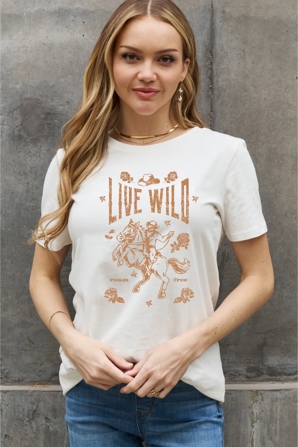 Simply Love Full Size LIVE WILD ROAM FREE Graphic Cotton Tee BLUE ZONE PLANET