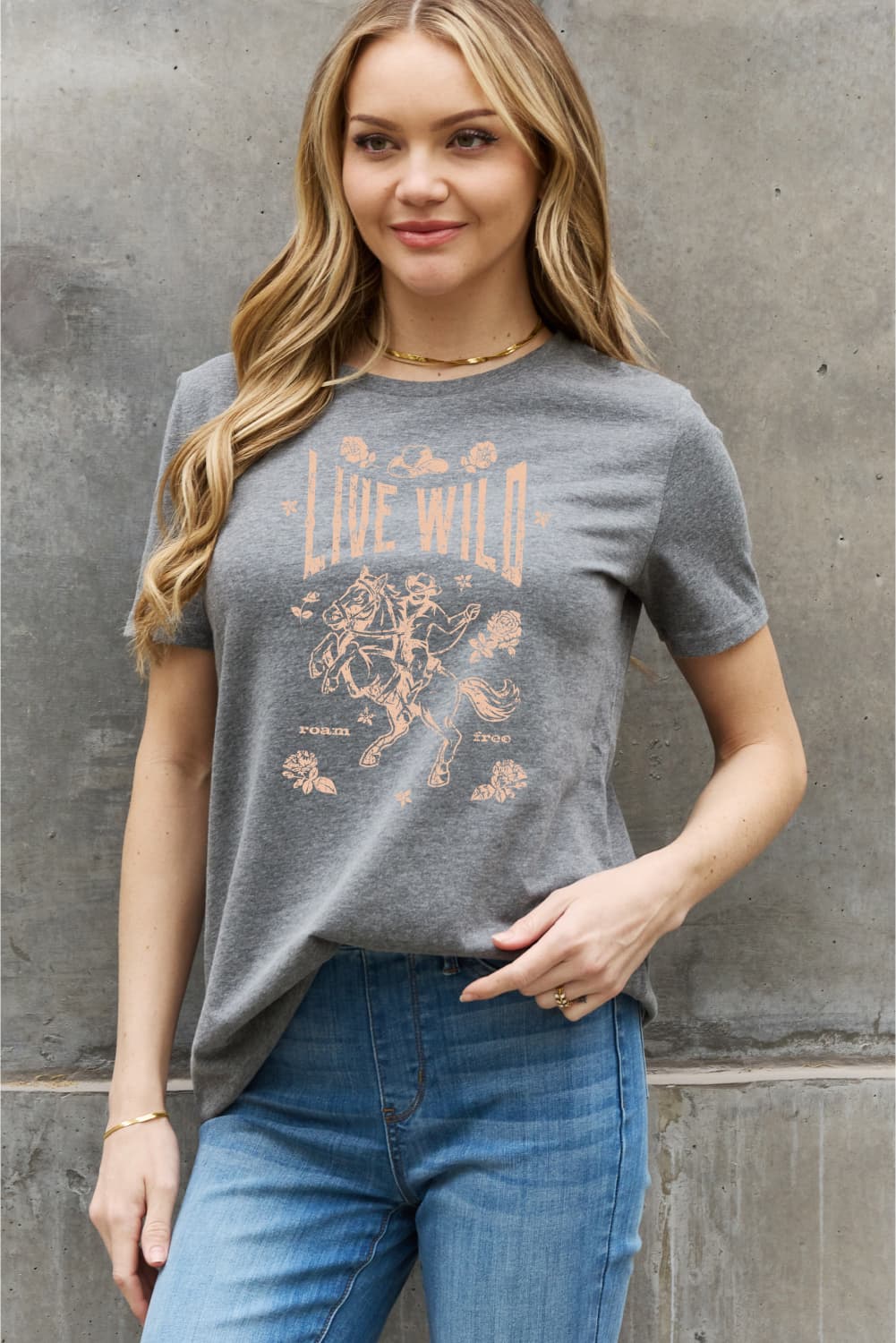 Simply Love Full Size LIVE WILD ROAM FREE Graphic Cotton Tee BLUE ZONE PLANET