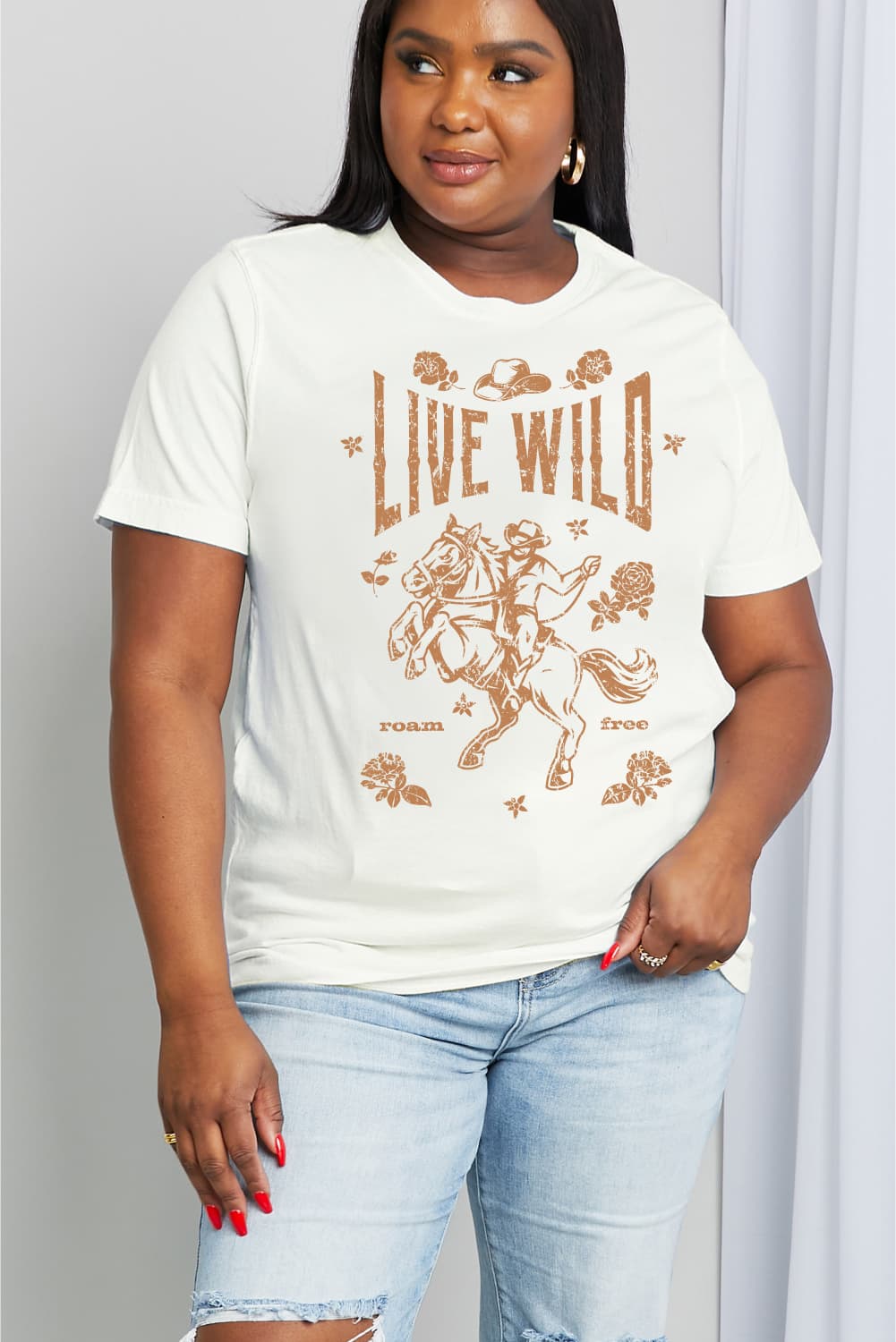 Simply Love Full Size LIVE WILD ROAM FREE Graphic Cotton Tee BLUE ZONE PLANET