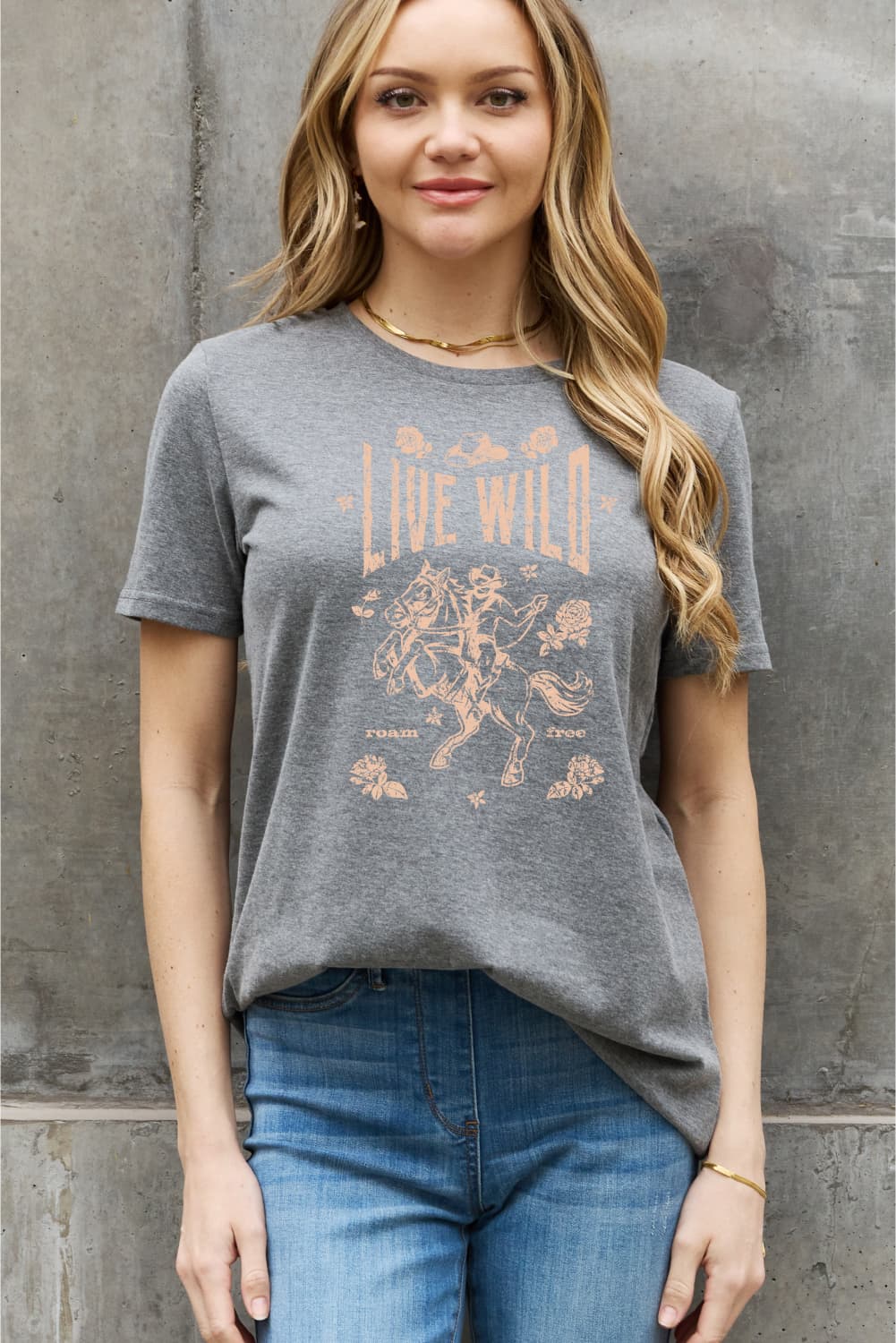 Simply Love Full Size LIVE WILD ROAM FREE Graphic Cotton Tee BLUE ZONE PLANET