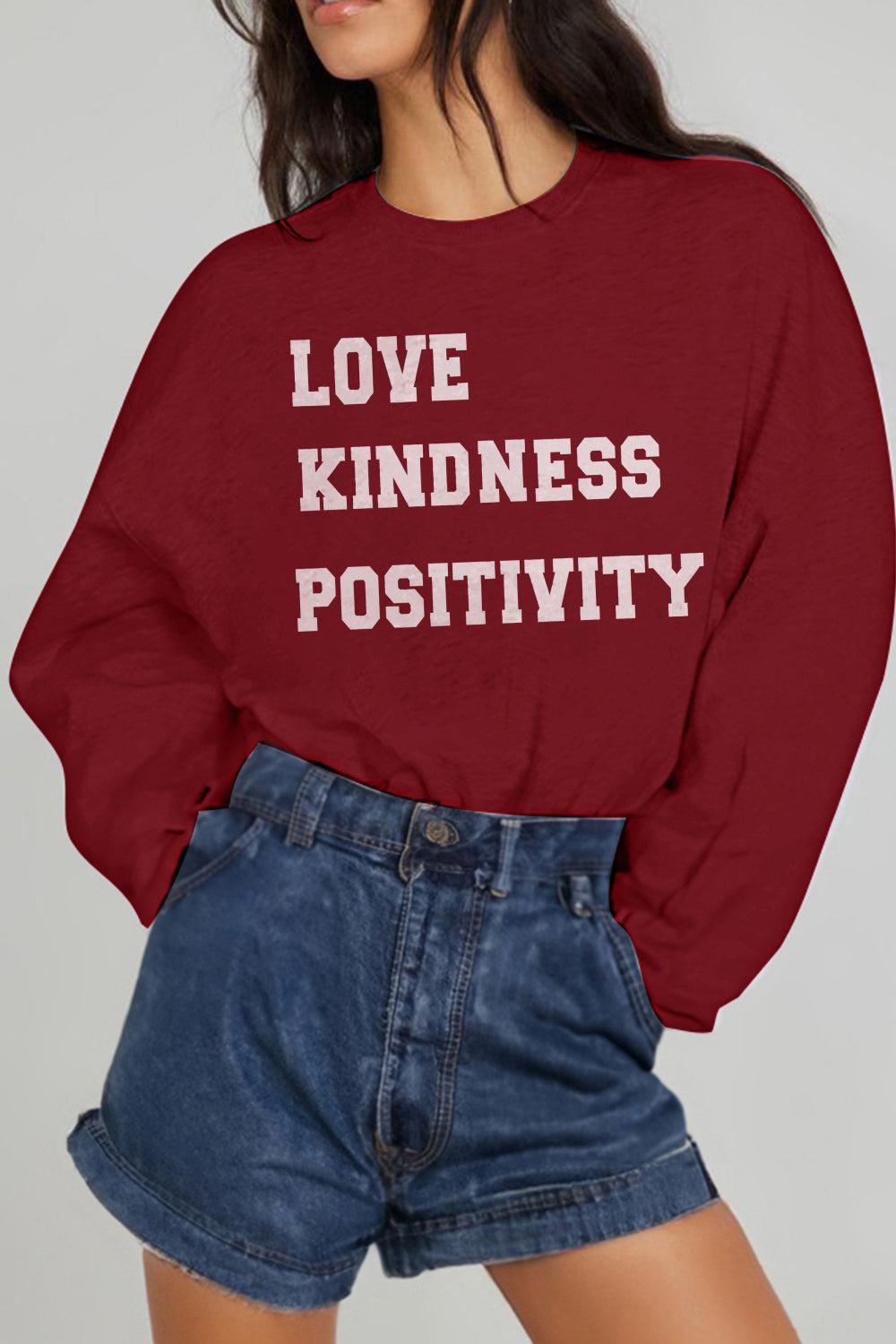 Simply Love Full Size LOVE KINDNESS POSITIVITY Graphic Sweatshirt BLUE ZONE PLANET