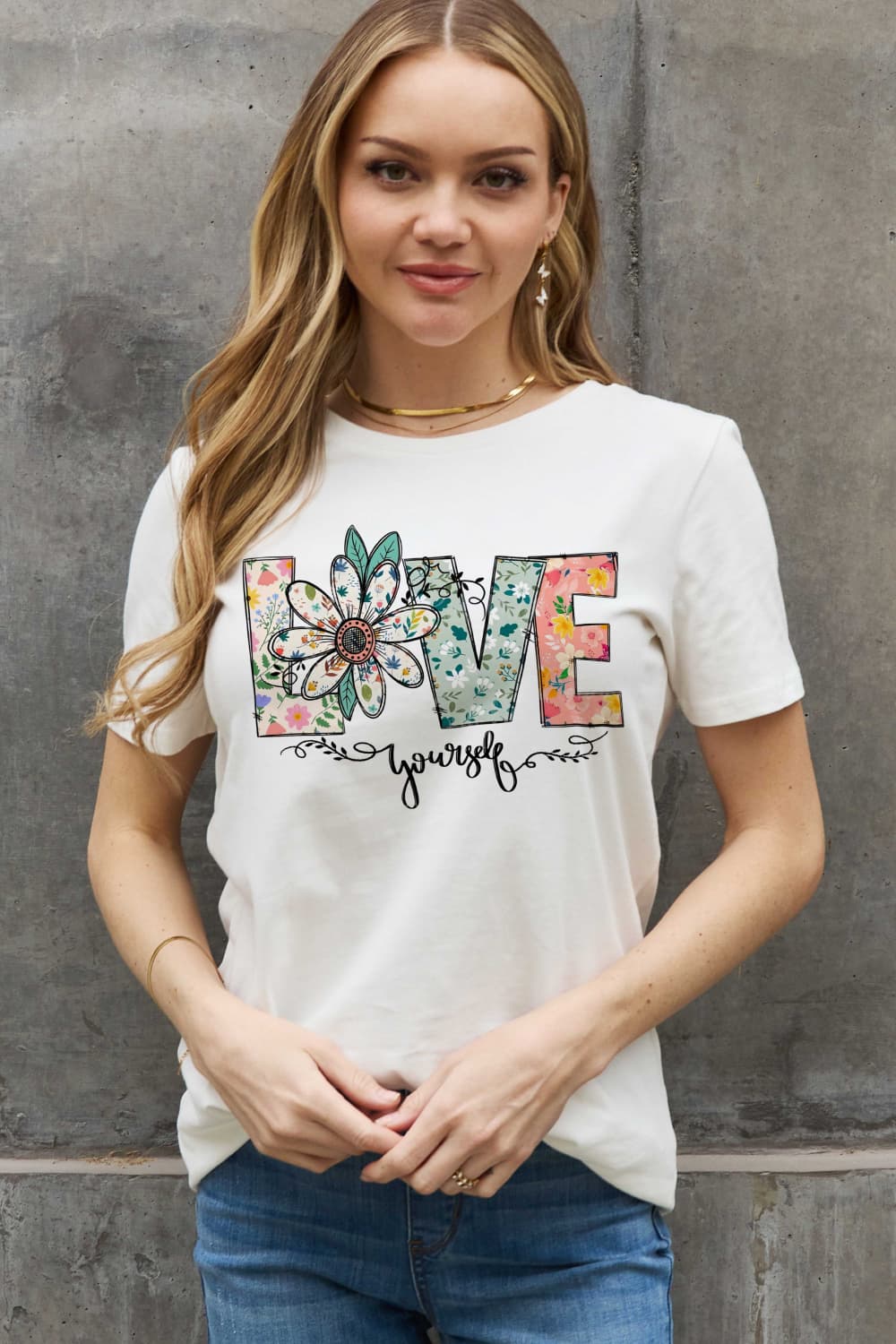 Simply Love Full Size LOVE YOURSELF Graphic Cotton Tee BLUE ZONE PLANET