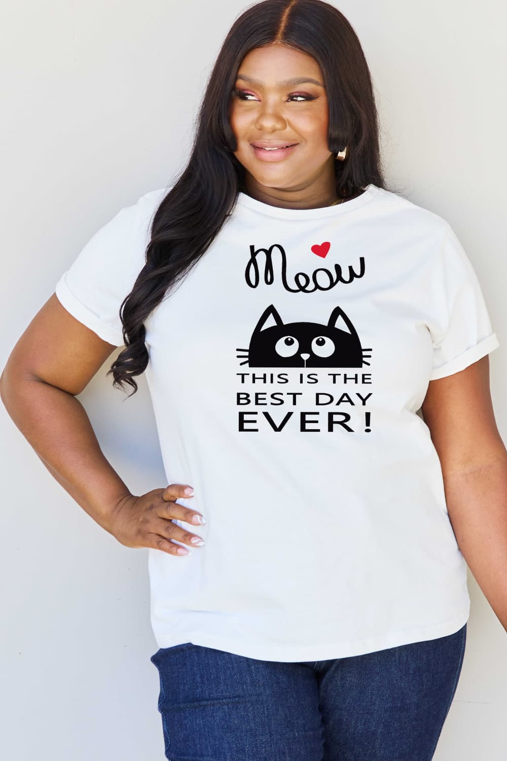 Simply Love Full Size MEOW THIS IS THE BEST DAY EVER! Graphic Cotton T-Shirt BLUE ZONE PLANET