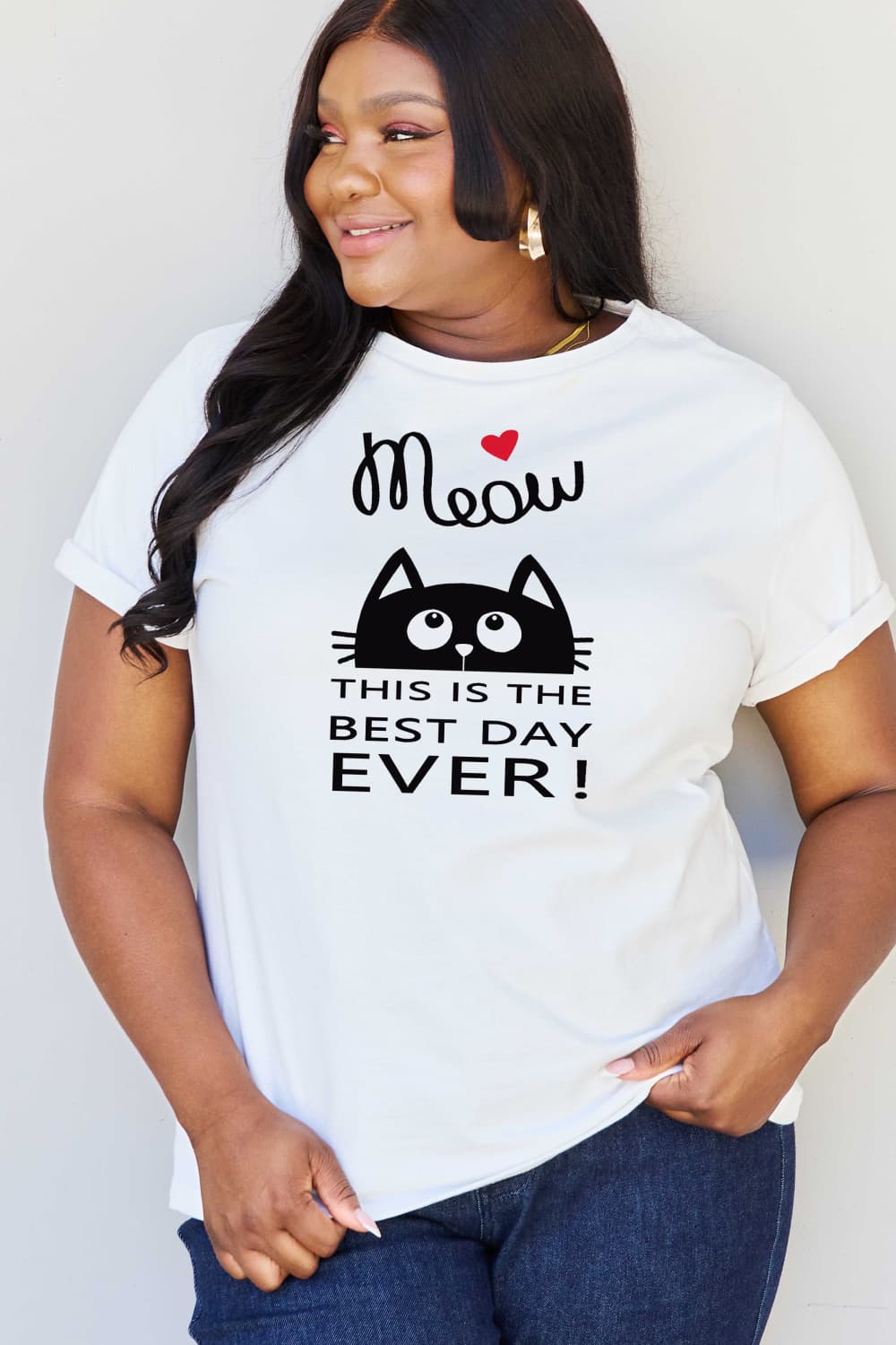 Simply Love Full Size MEOW THIS IS THE BEST DAY EVER! Graphic Cotton T-Shirt BLUE ZONE PLANET