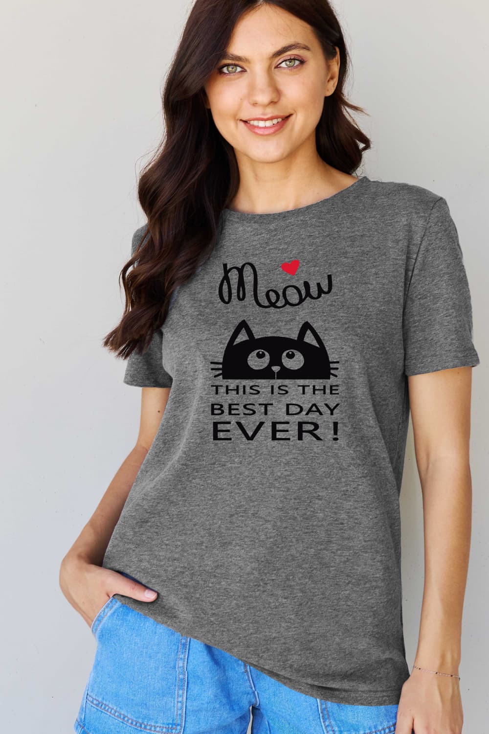 Simply Love Full Size MEOW THIS IS THE BEST DAY EVER! Graphic Cotton T-Shirt BLUE ZONE PLANET