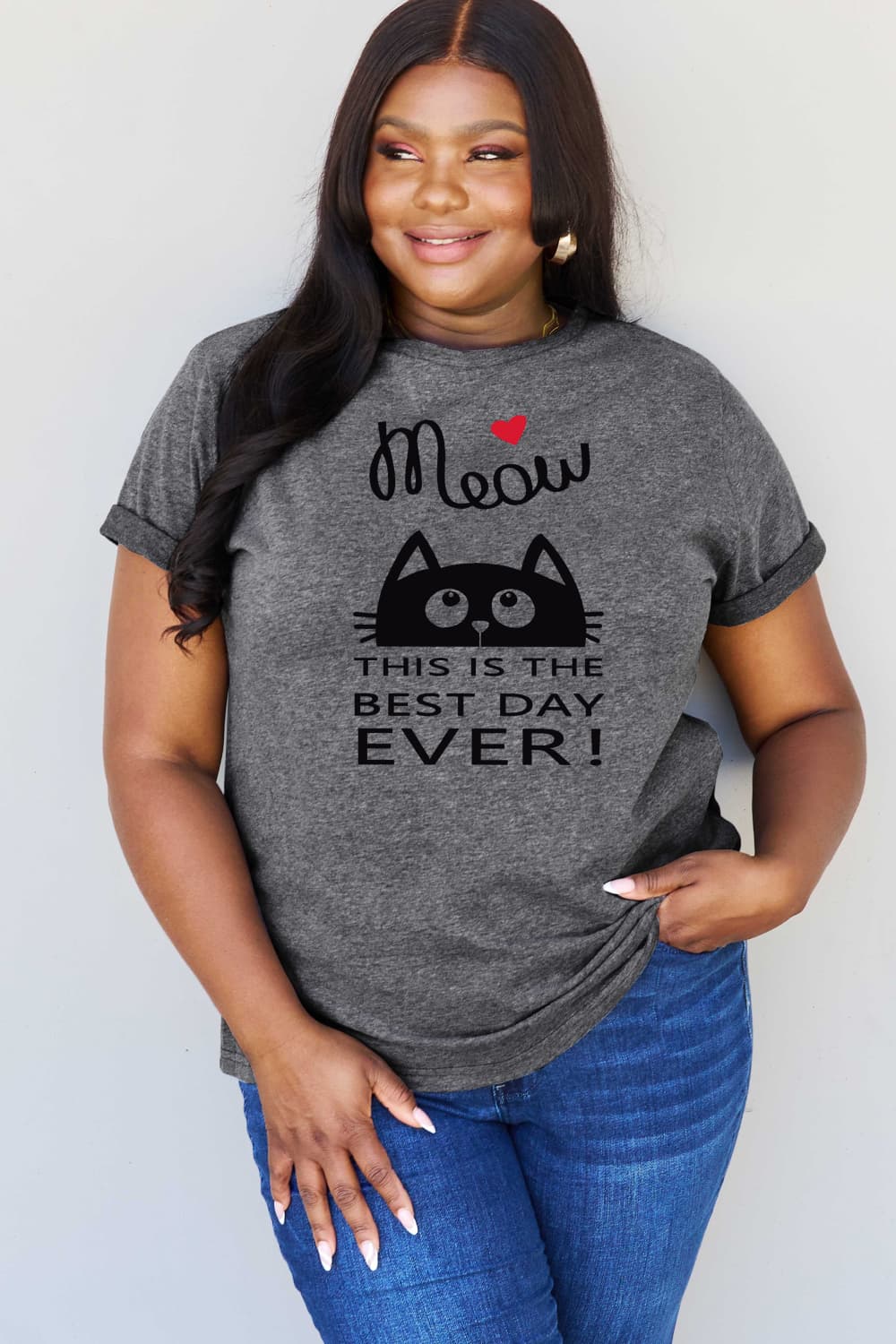 Simply Love Full Size MEOW THIS IS THE BEST DAY EVER! Graphic Cotton T-Shirt BLUE ZONE PLANET