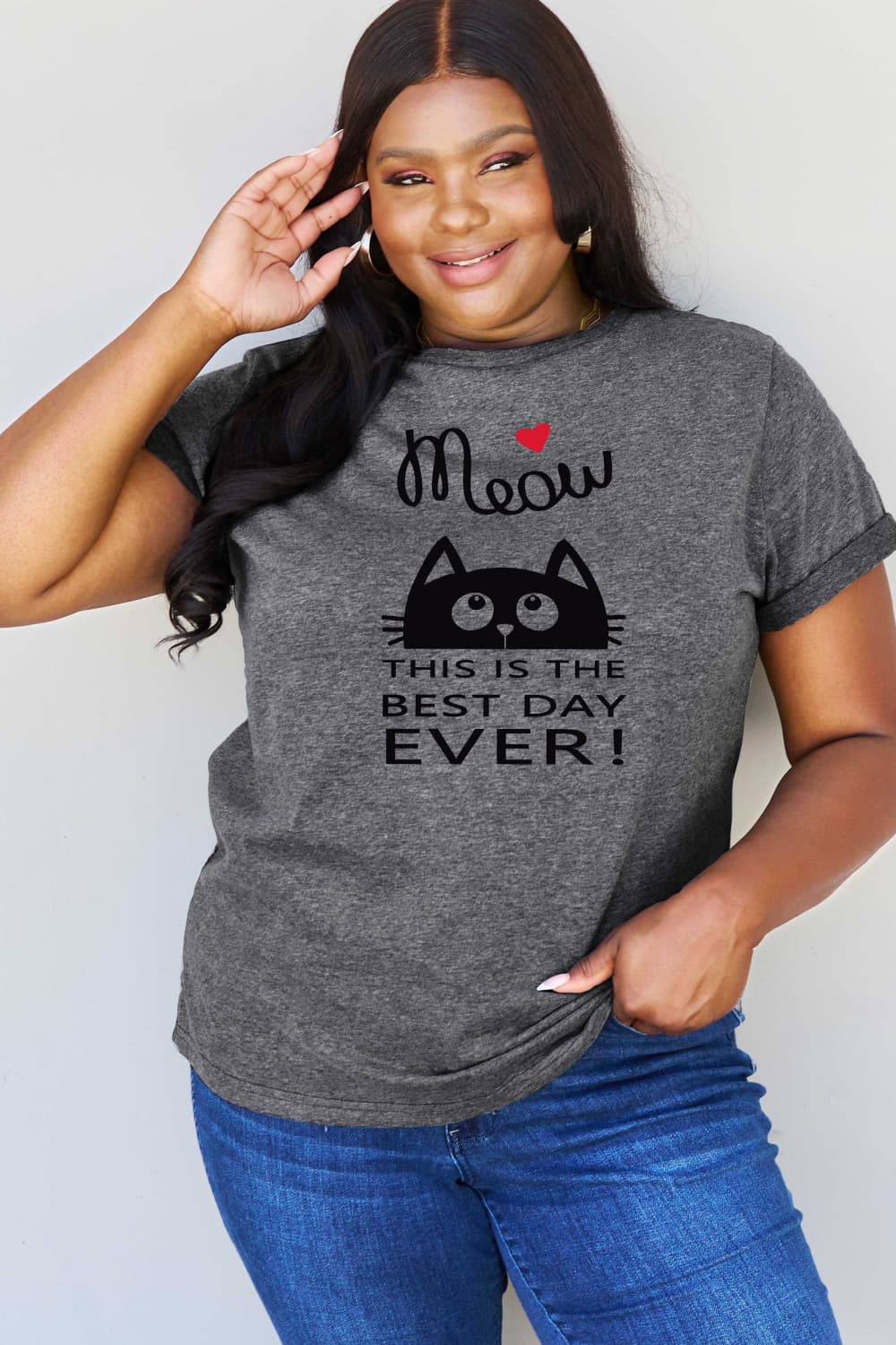 Simply Love Full Size MEOW THIS IS THE BEST DAY EVER! Graphic Cotton T-Shirt BLUE ZONE PLANET