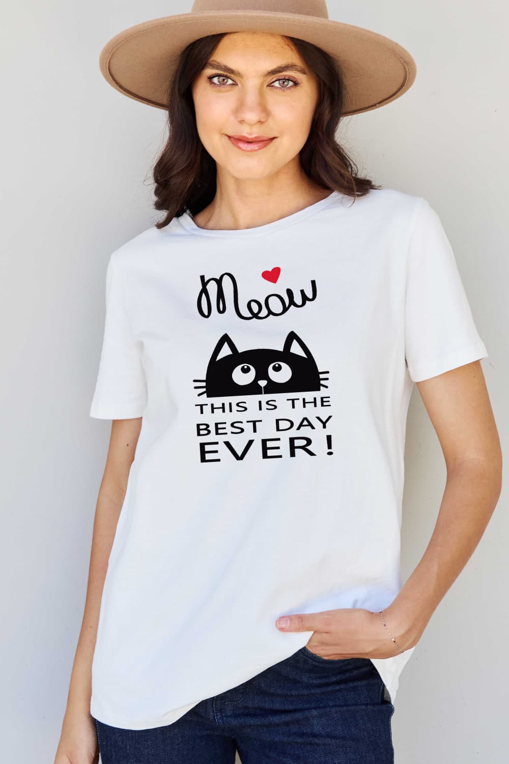 Simply Love Full Size MEOW THIS IS THE BEST DAY EVER! Graphic Cotton T-Shirt BLUE ZONE PLANET