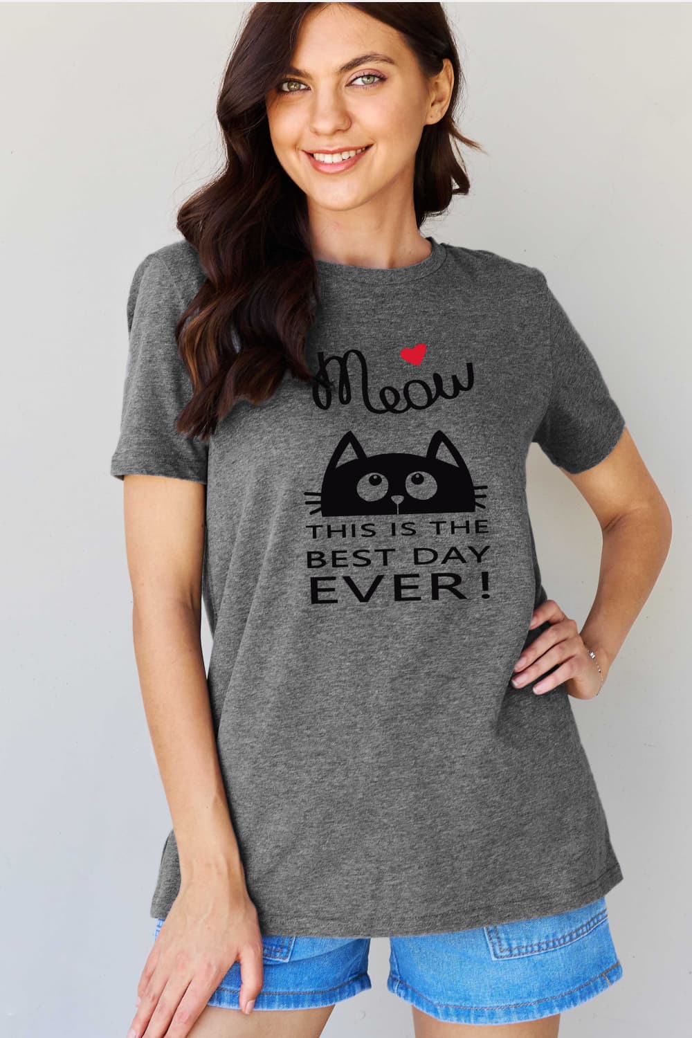 Simply Love Full Size MEOW THIS IS THE BEST DAY EVER! Graphic Cotton T-Shirt BLUE ZONE PLANET