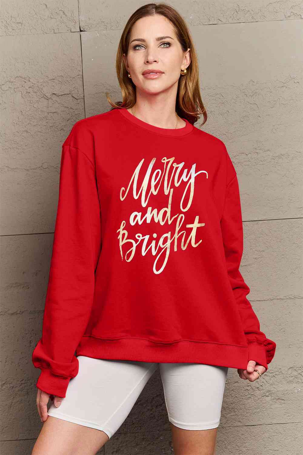 Simply Love Full Size MERRY AND BRIGHT Graphic Sweatshirt BLUE ZONE PLANET