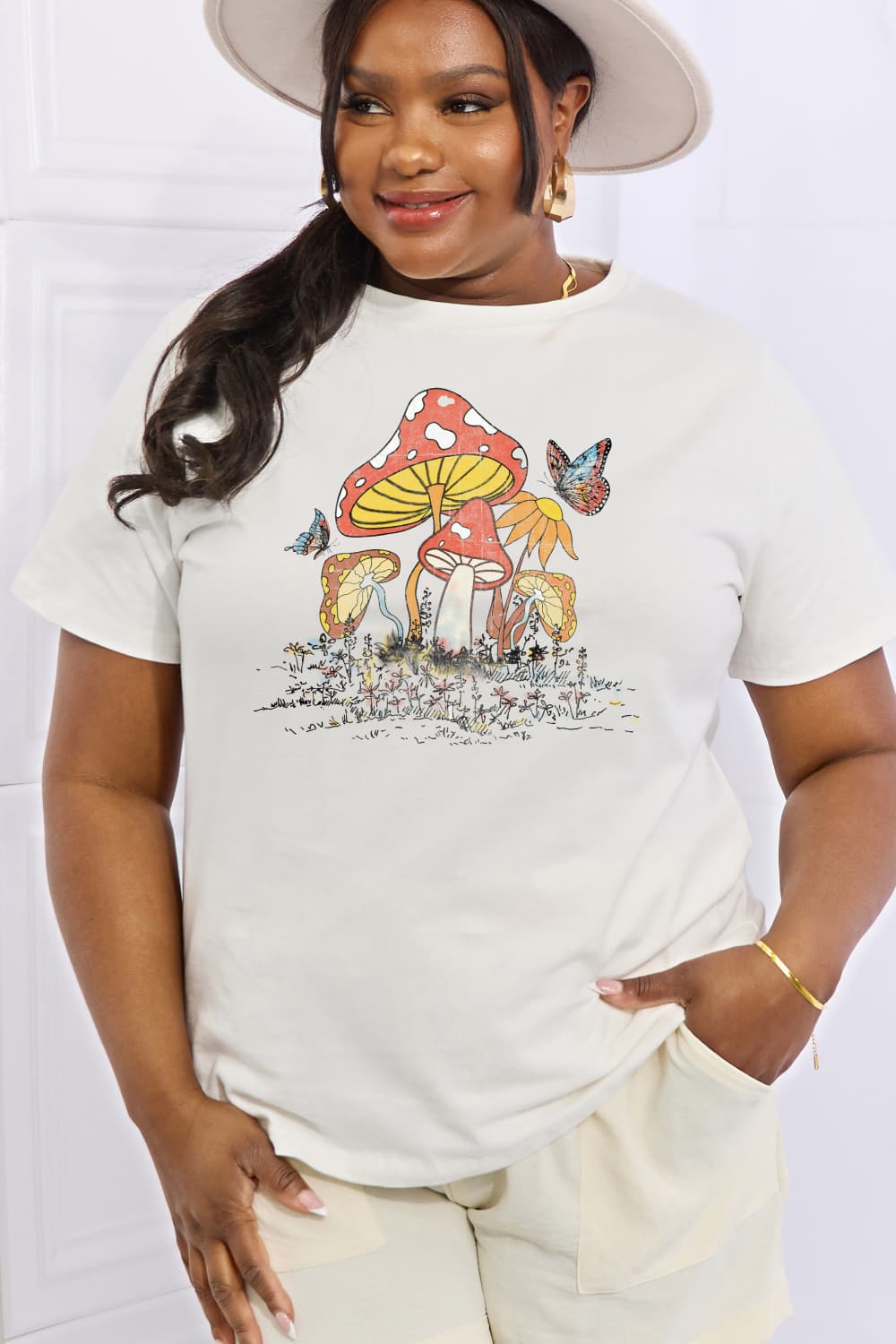 Simply Love Full Size Mushroom & Butterfly Graphic Cotton T-Shirt BLUE ZONE PLANET