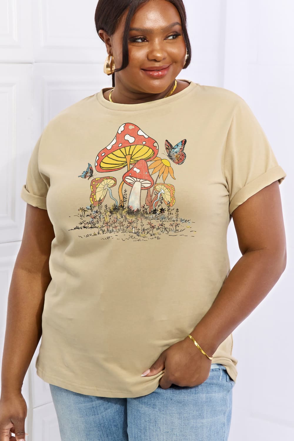 Simply Love Full Size Mushroom & Butterfly Graphic Cotton T-Shirt BLUE ZONE PLANET