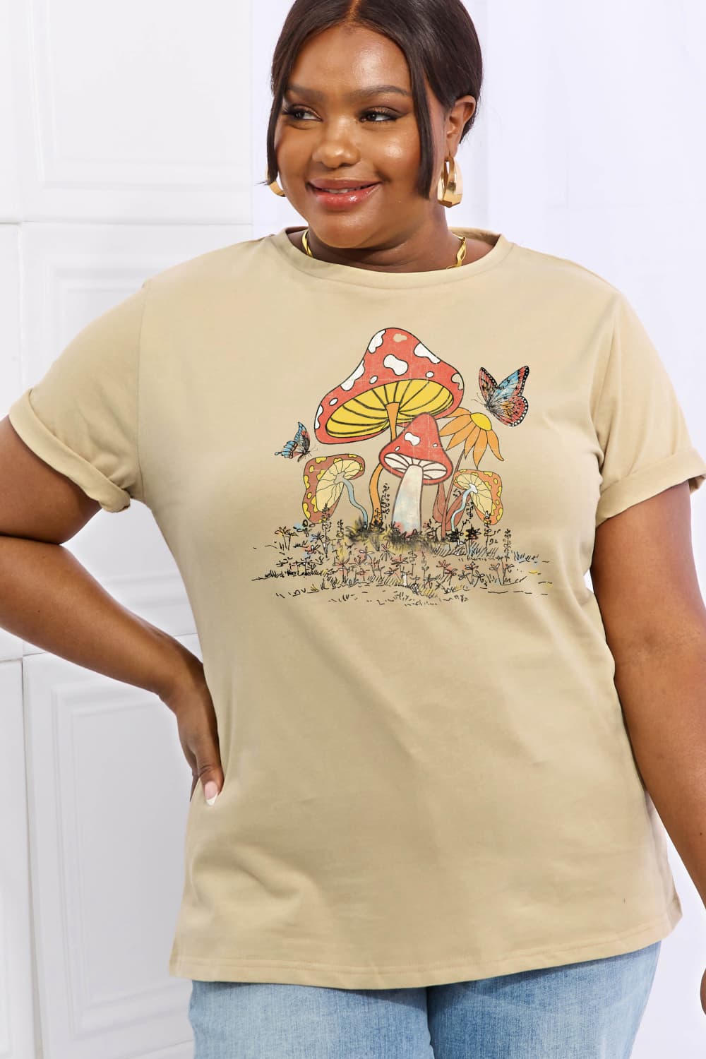 Simply Love Full Size Mushroom & Butterfly Graphic Cotton T-Shirt BLUE ZONE PLANET