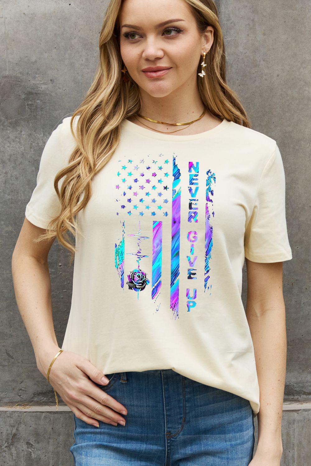 Simply Love Full Size NEVER GIVE UP Graphic Cotton Tee BLUE ZONE PLANET