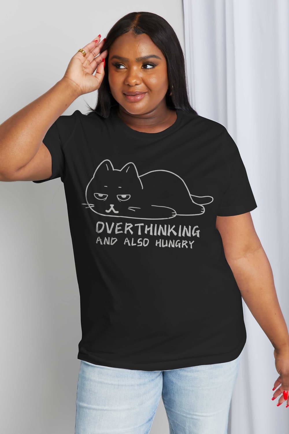 Simply Love Full Size OVERTHINKING AND ALSO HUNGRY Graphic Cotton Tee BLUE ZONE PLANET