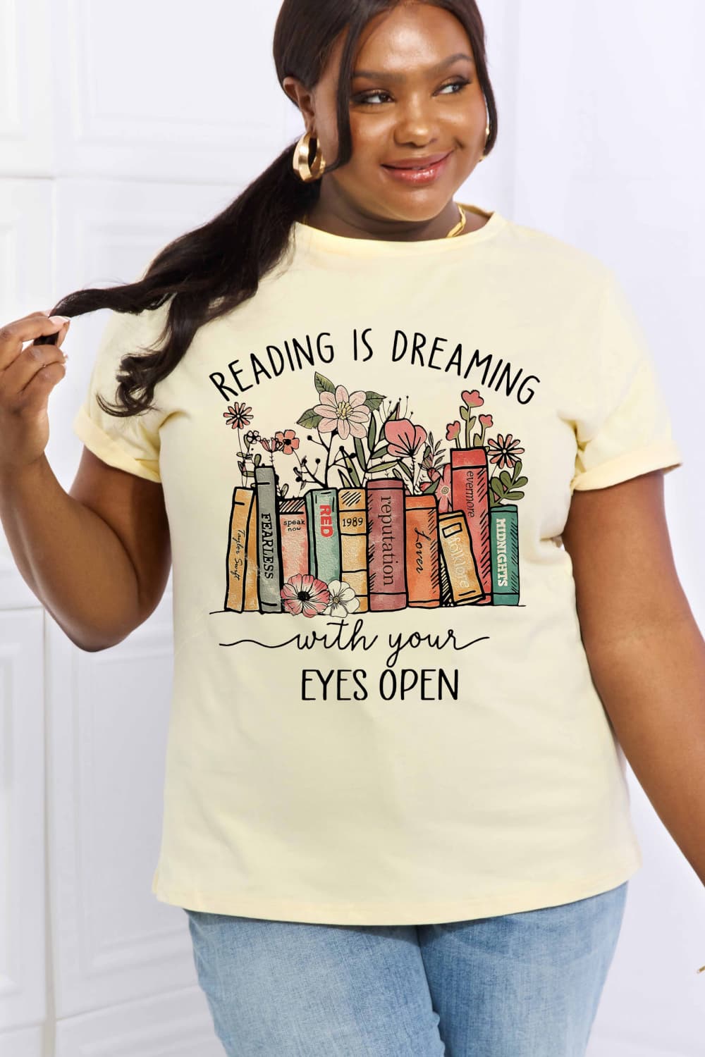 Simply Love Full Size READING IS DREAMING WITH YOUR EYES OPEN Graphic Cotton Tee BLUE ZONE PLANET