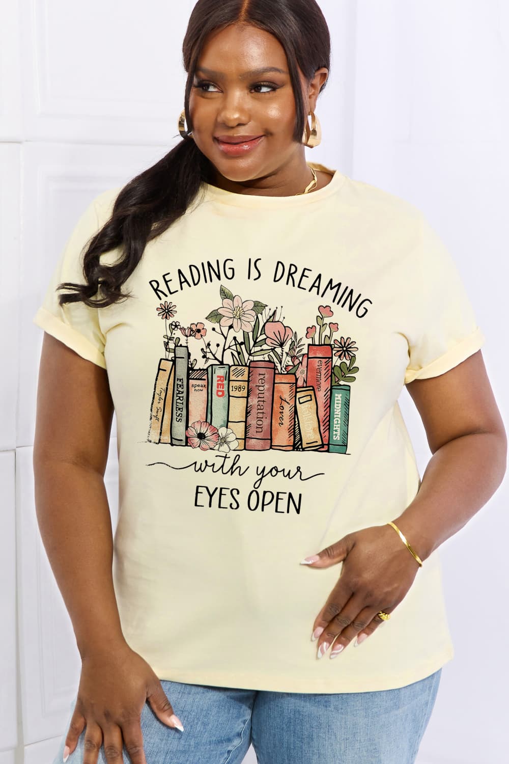 Simply Love Full Size READING IS DREAMING WITH YOUR EYES OPEN Graphic Cotton Tee BLUE ZONE PLANET