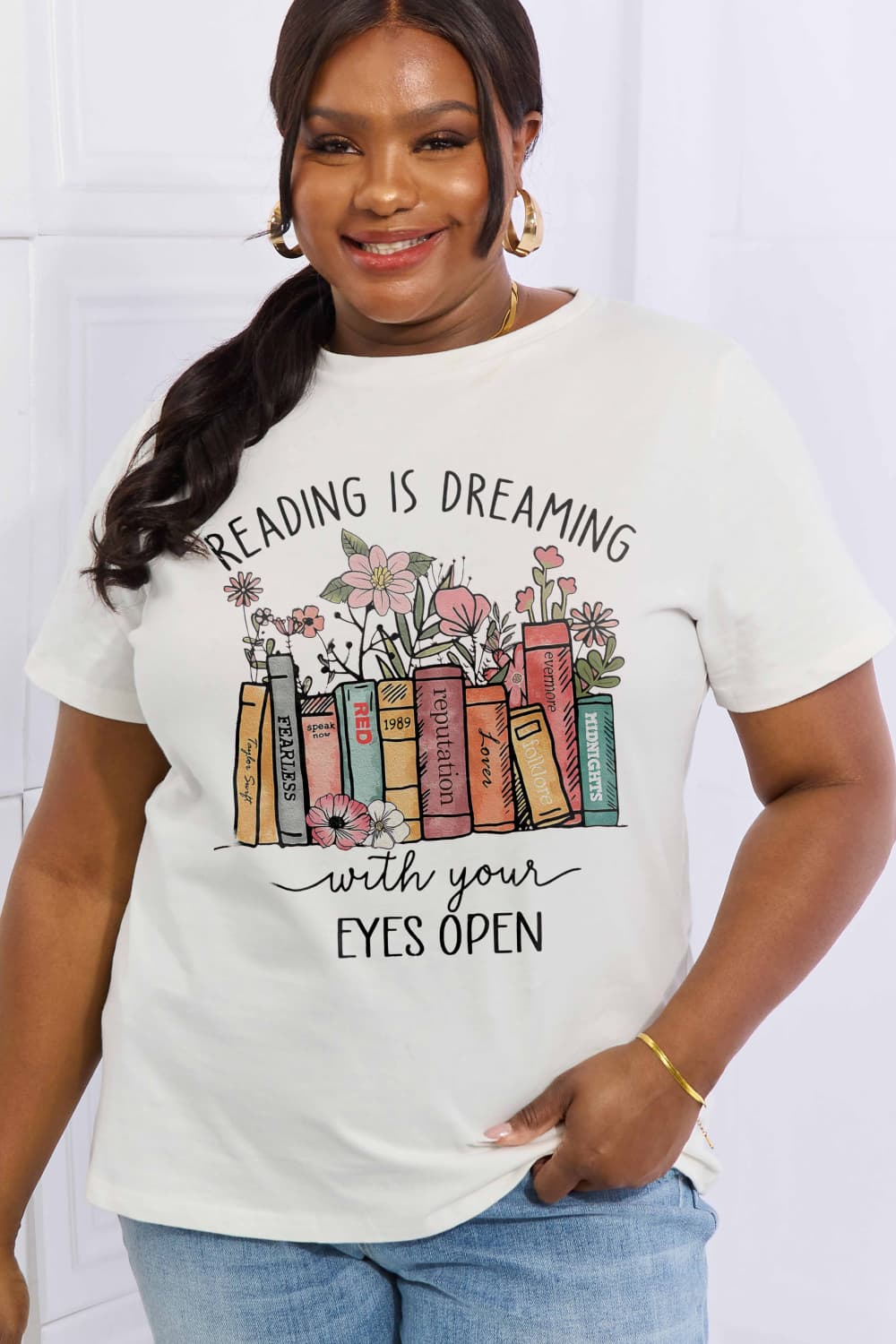 Simply Love Full Size READING IS DREAMING WITH YOUR EYES OPEN Graphic Cotton Tee BLUE ZONE PLANET