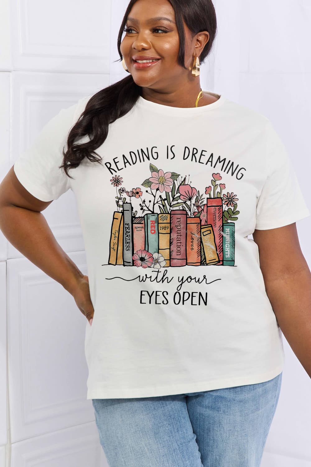 Simply Love Full Size READING IS DREAMING WITH YOUR EYES OPEN Graphic Cotton Tee BLUE ZONE PLANET