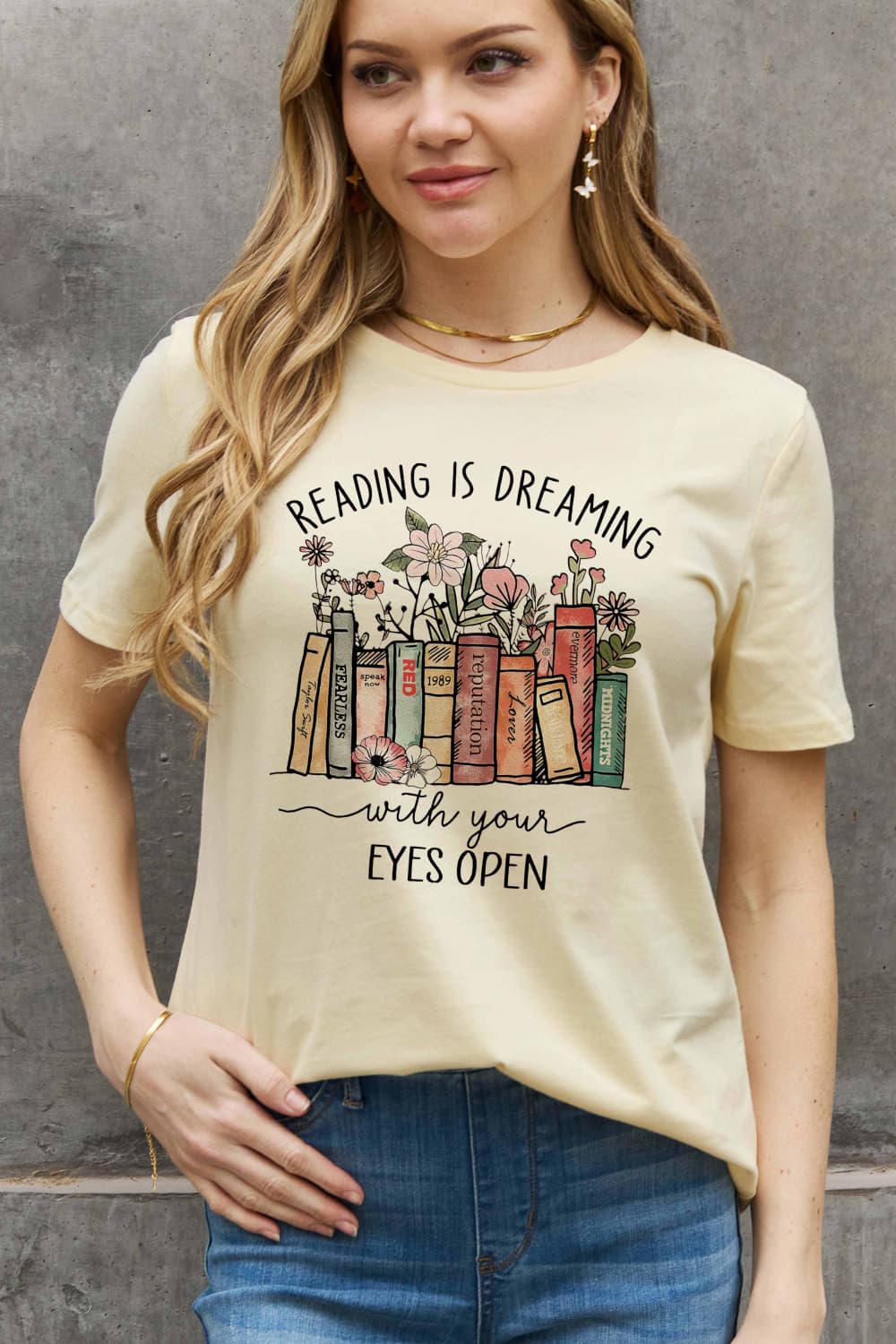 Simply Love Full Size READING IS DREAMING WITH YOUR EYES OPEN Graphic Cotton Tee BLUE ZONE PLANET