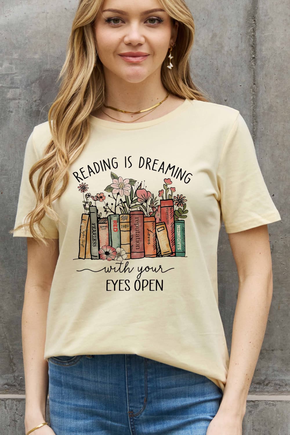 Simply Love Full Size READING IS DREAMING WITH YOUR EYES OPEN Graphic Cotton Tee BLUE ZONE PLANET