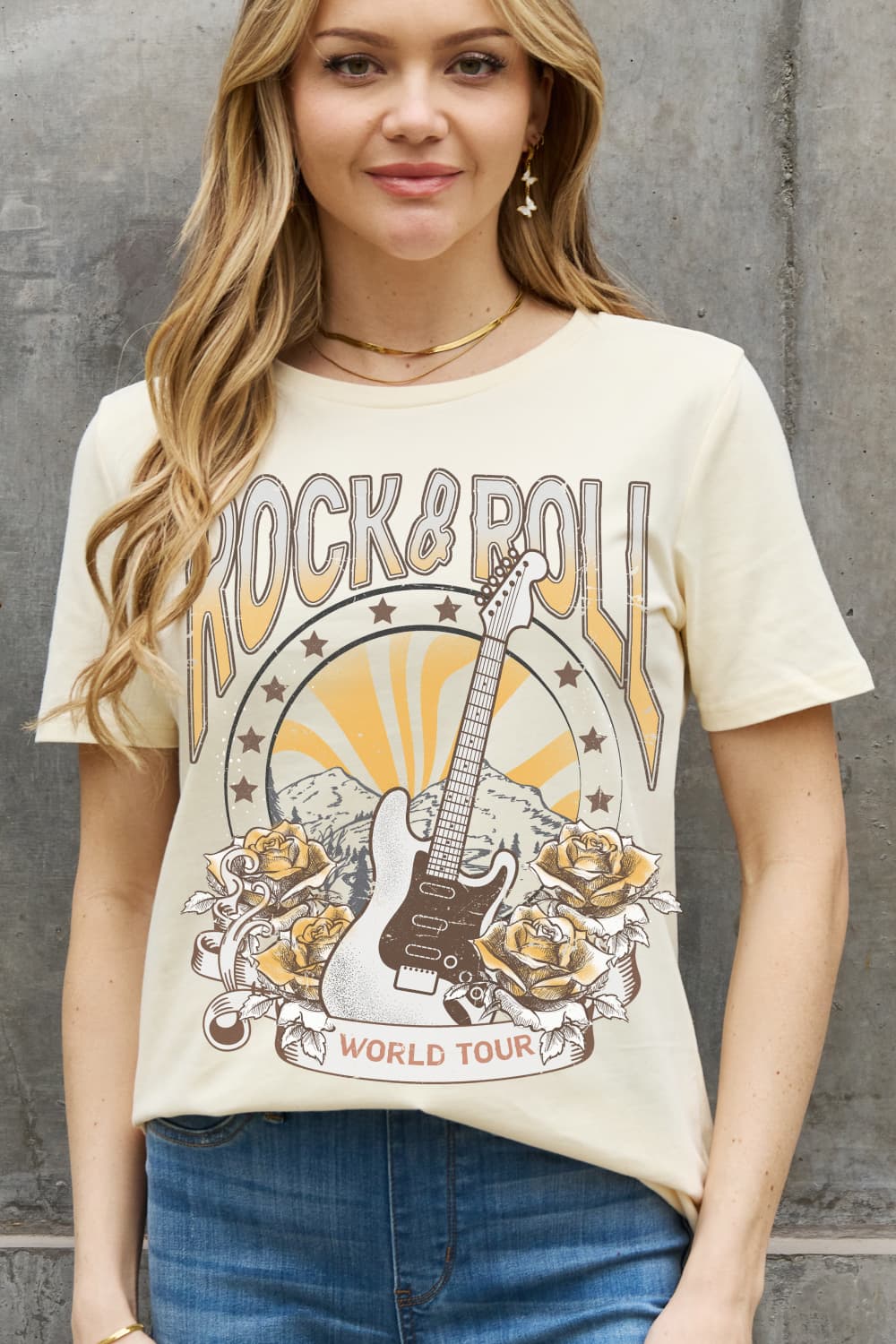 Simply Love Full Size ROCK & ROLL WORLD TOUR Graphic Cotton Tee BLUE ZONE PLANET