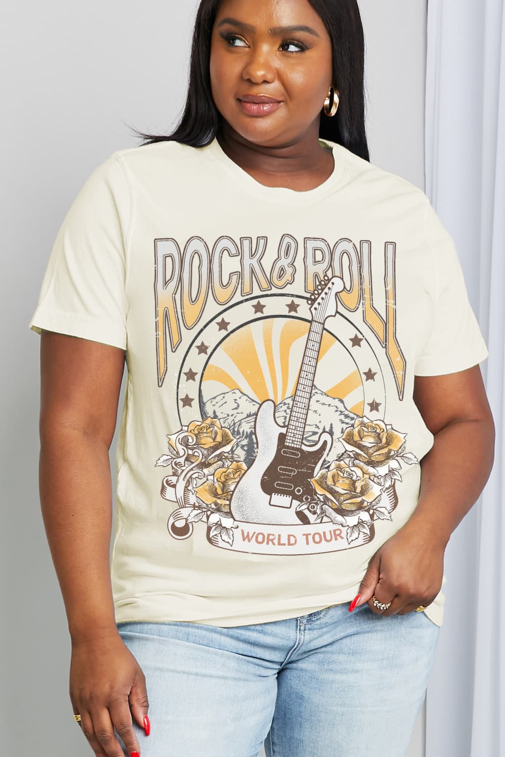 Simply Love Full Size ROCK & ROLL WORLD TOUR Graphic Cotton Tee BLUE ZONE PLANET