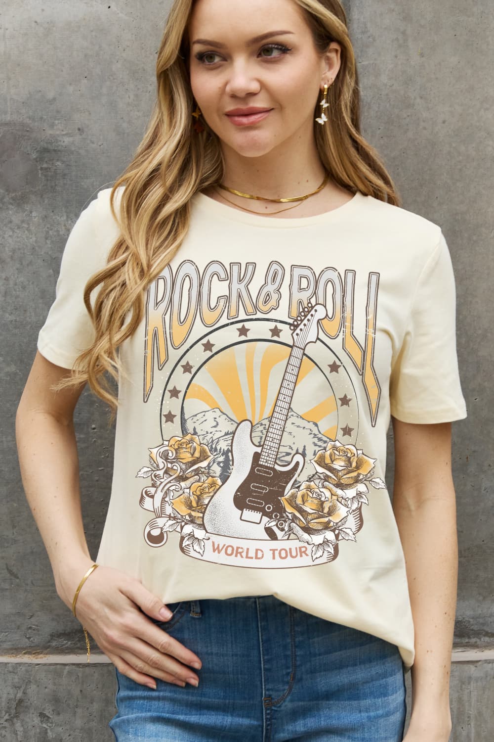 Simply Love Full Size ROCK & ROLL WORLD TOUR Graphic Cotton Tee BLUE ZONE PLANET