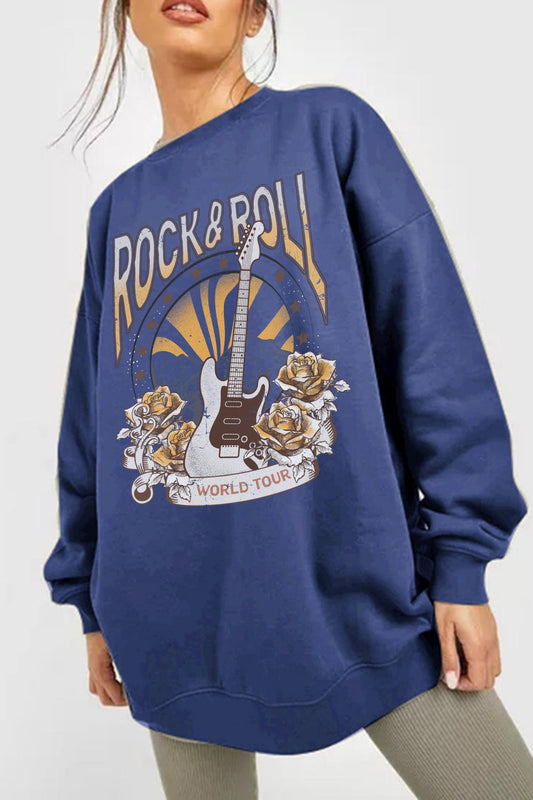 Simply Love Full Size ROCK & ROLL WORLD TOUR Graphic Sweatshirt BLUE ZONE PLANET